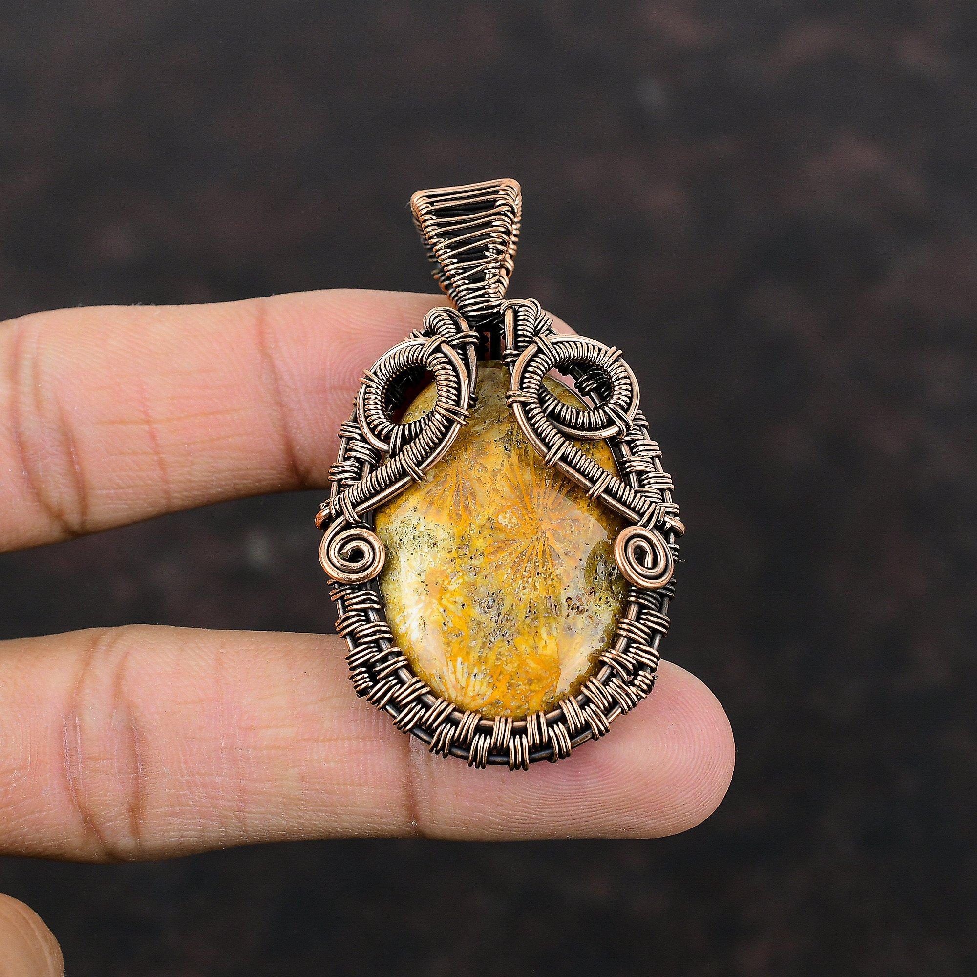 Fossile Koralle Edelstein Anhänger Kupferdraht gewickelt Anhänger Handgemacht Fossil Koralle Schmuck Brandneuer Anhänger Unikat Kupfer Schmuck Geschenk für Mama