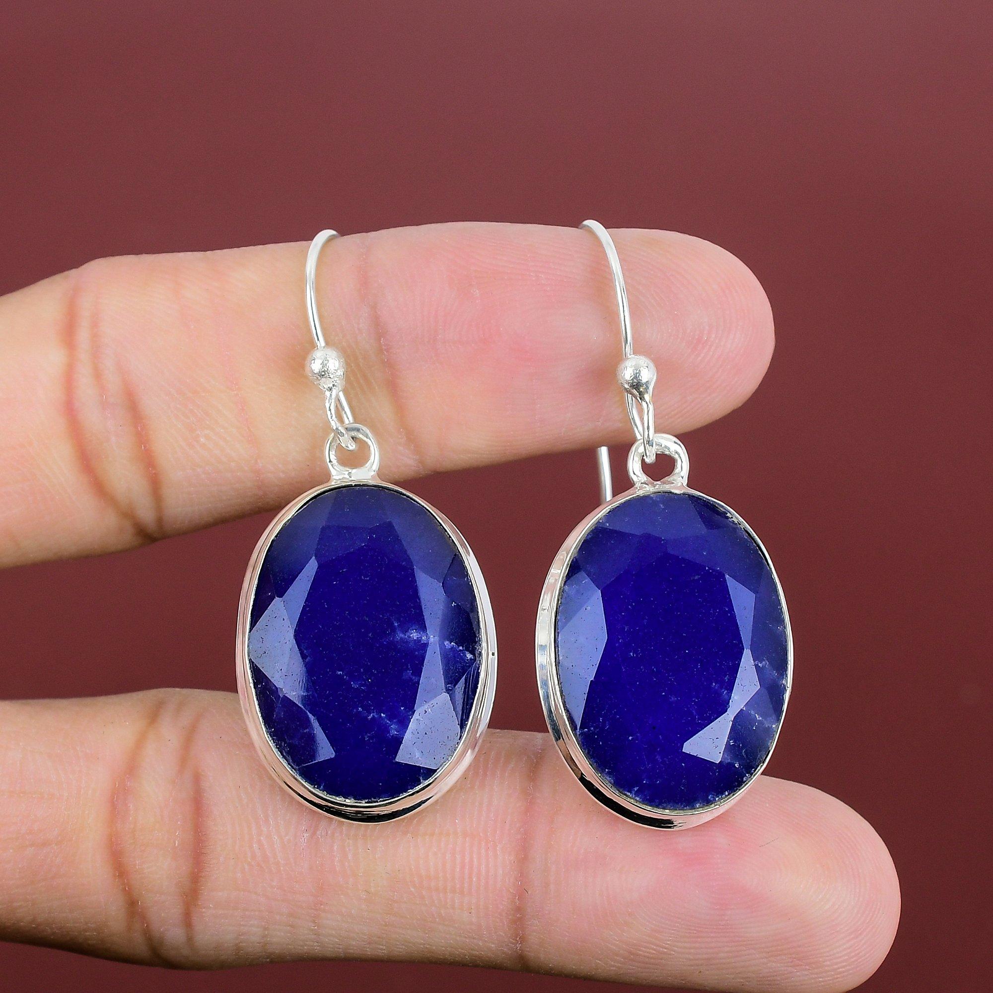 Faceted Blue Sapphire Earring 925 Sterling Silver Earring Gemstone Earrings Blue Sapphire Handmade Jewelry Antique Drop Earring Gift For Mom
