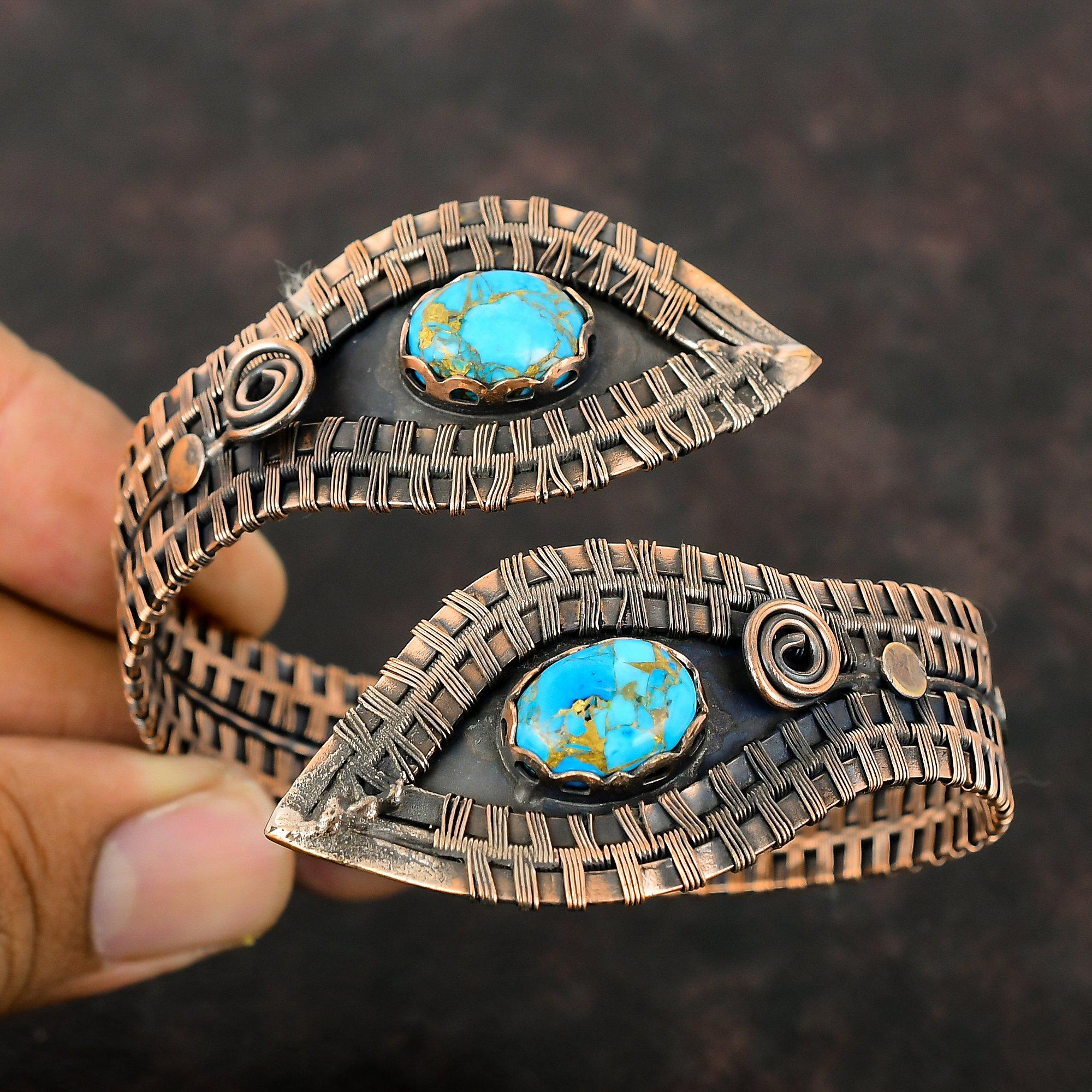 Miedziana Bransoletka Turkusowa Miedziana Bransoletka Miedziana Opleciona Kamieniem Szlachetnym Miedziana Biżuteria Ręcznie Robiona Bransoletka Mankieta Prezent Dla Niego