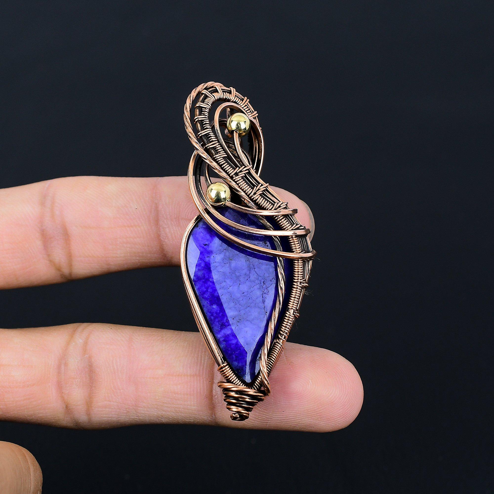 Lab-Created Blue Sapphire Gemstone Handmade Pure Copper Wire Wrapped Pendant Jewelry For Women