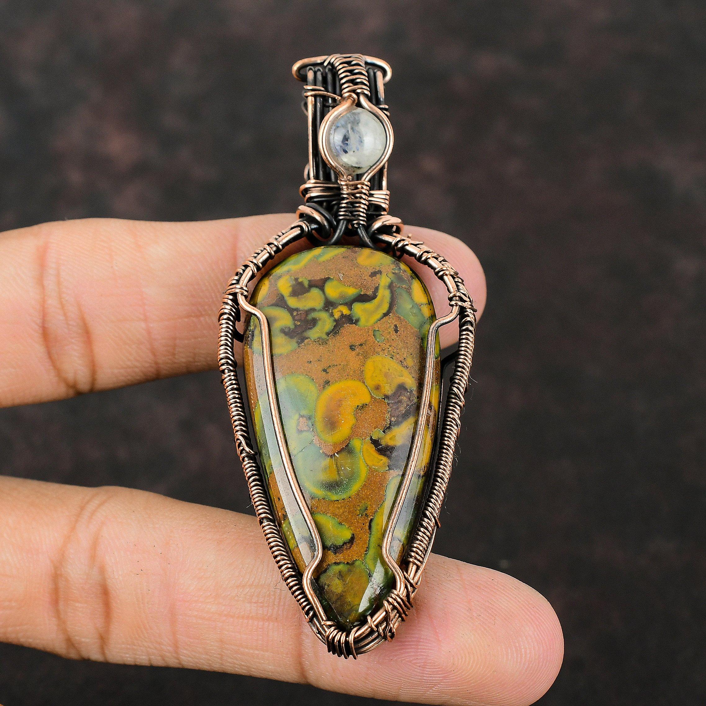 Fruit Jasper Copper Pendant Copper Wire Wrapped Gemstone Pendant Copper Jewelry Rainbow Moonstone Jewelry Gift For Women Handmade Pendant