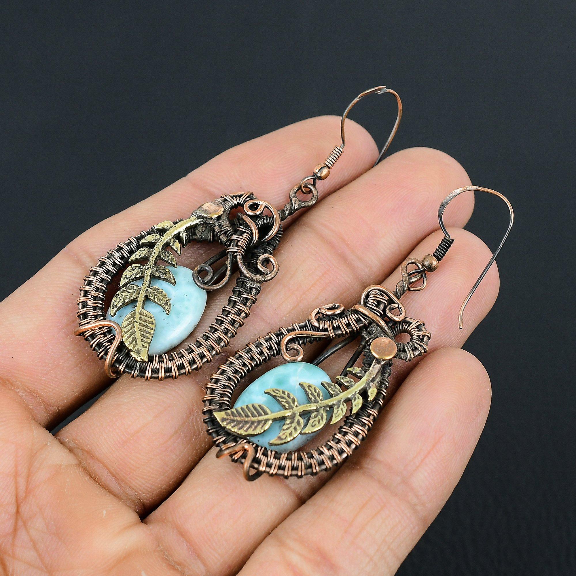 Larimar Gemstone Handmade Pure Copper Wire Wrap Amazing Jewelry Earrings