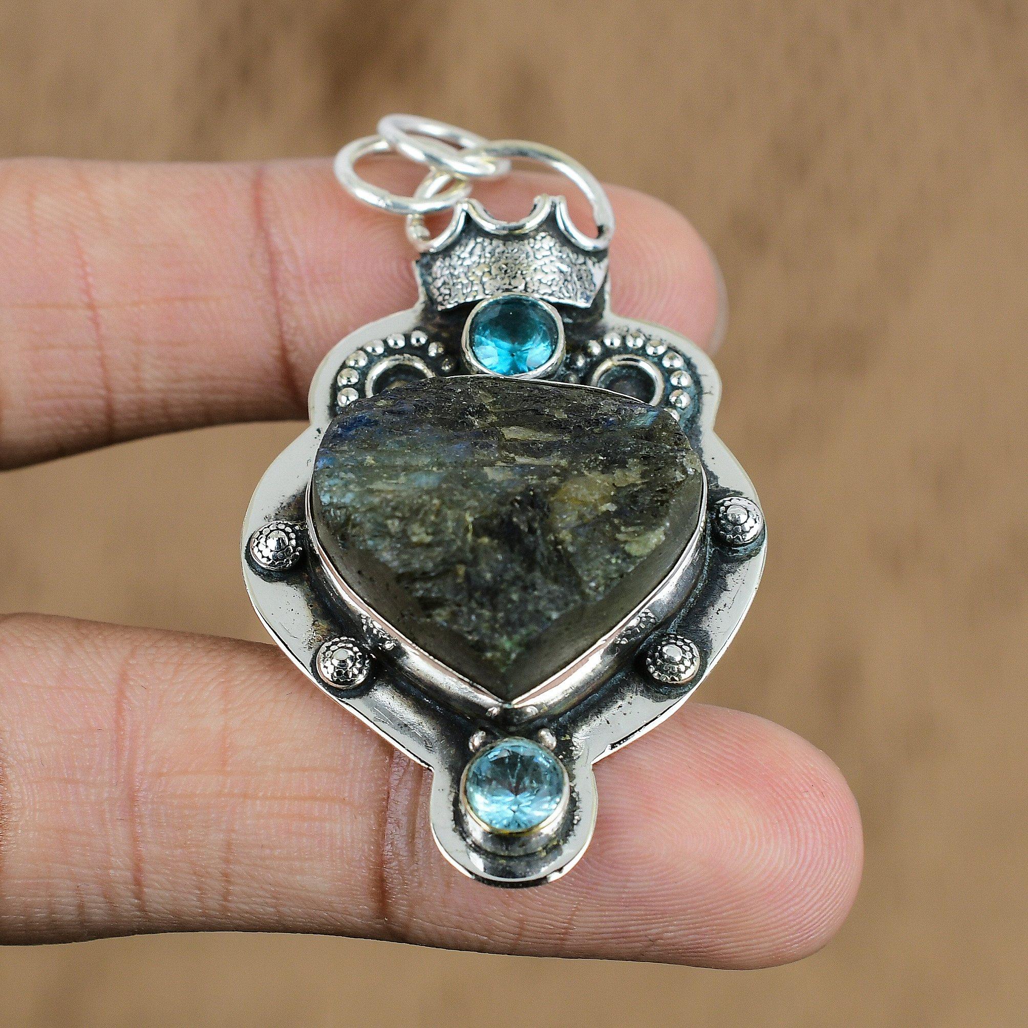 Wedding Gift For Her 925 Silver Natural Labradorite Rough Gemstone Pendant