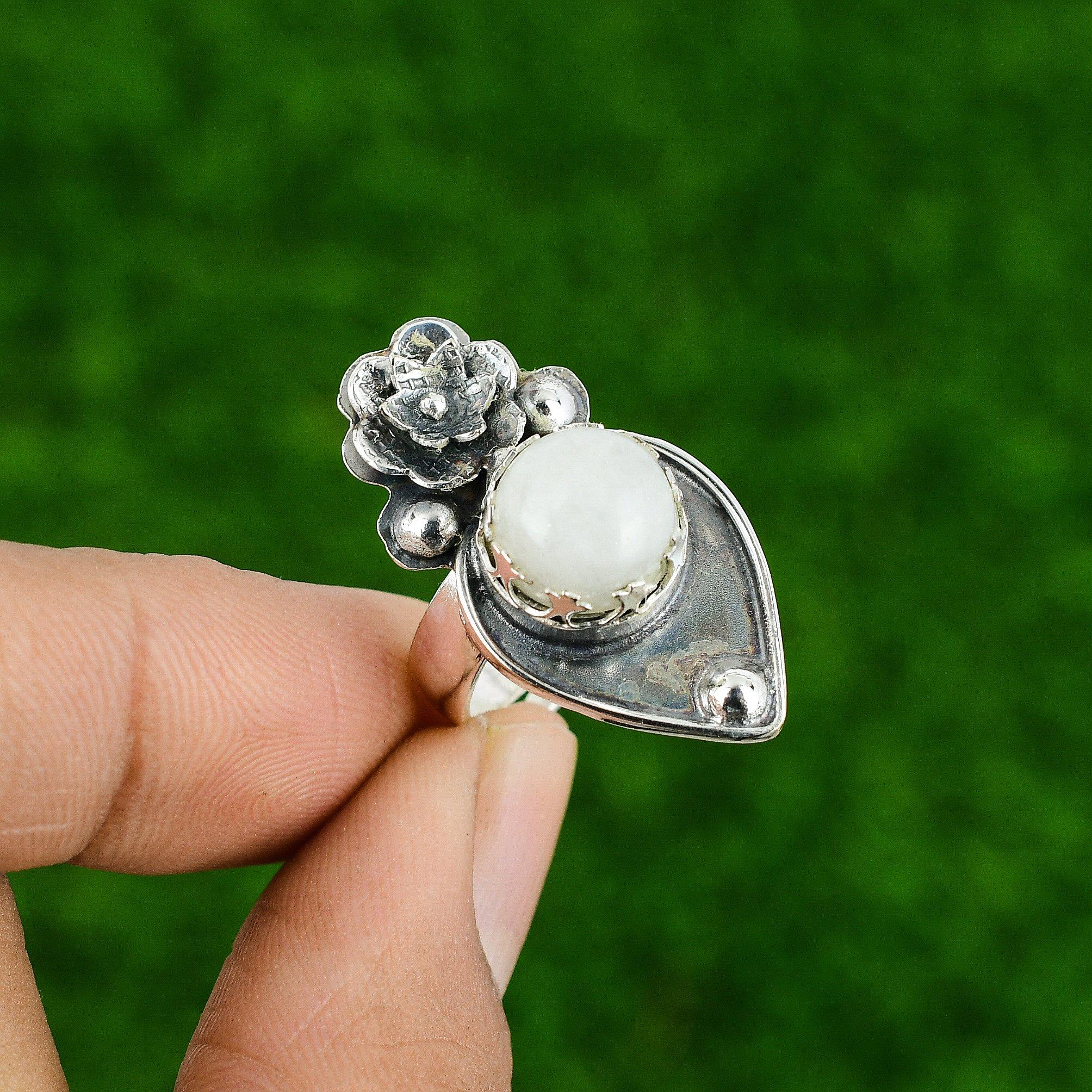 Natural Rainbow Moonstone Multi Stone Flower White Adjustable Ring 925 Silver