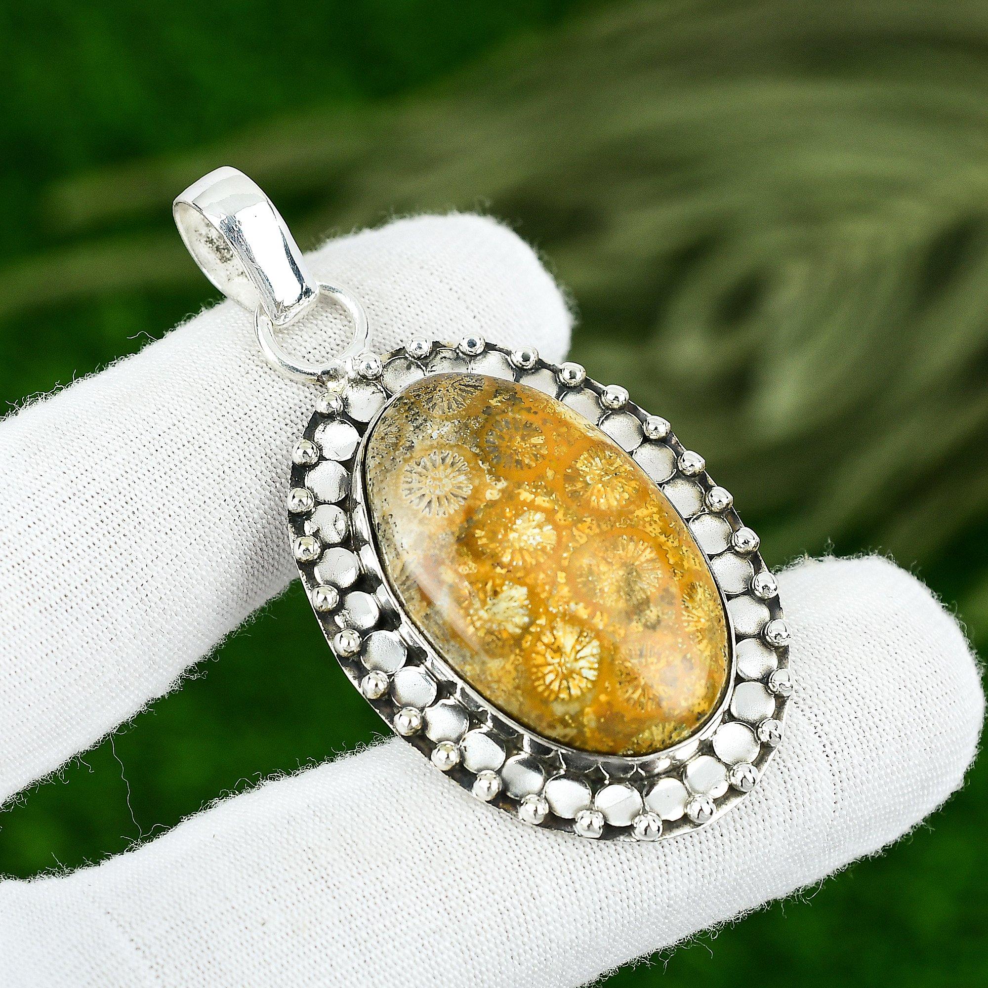 Root Chakra Natural Fossil Coral Sterling Silver Anniversary Wife Bezel Pendant