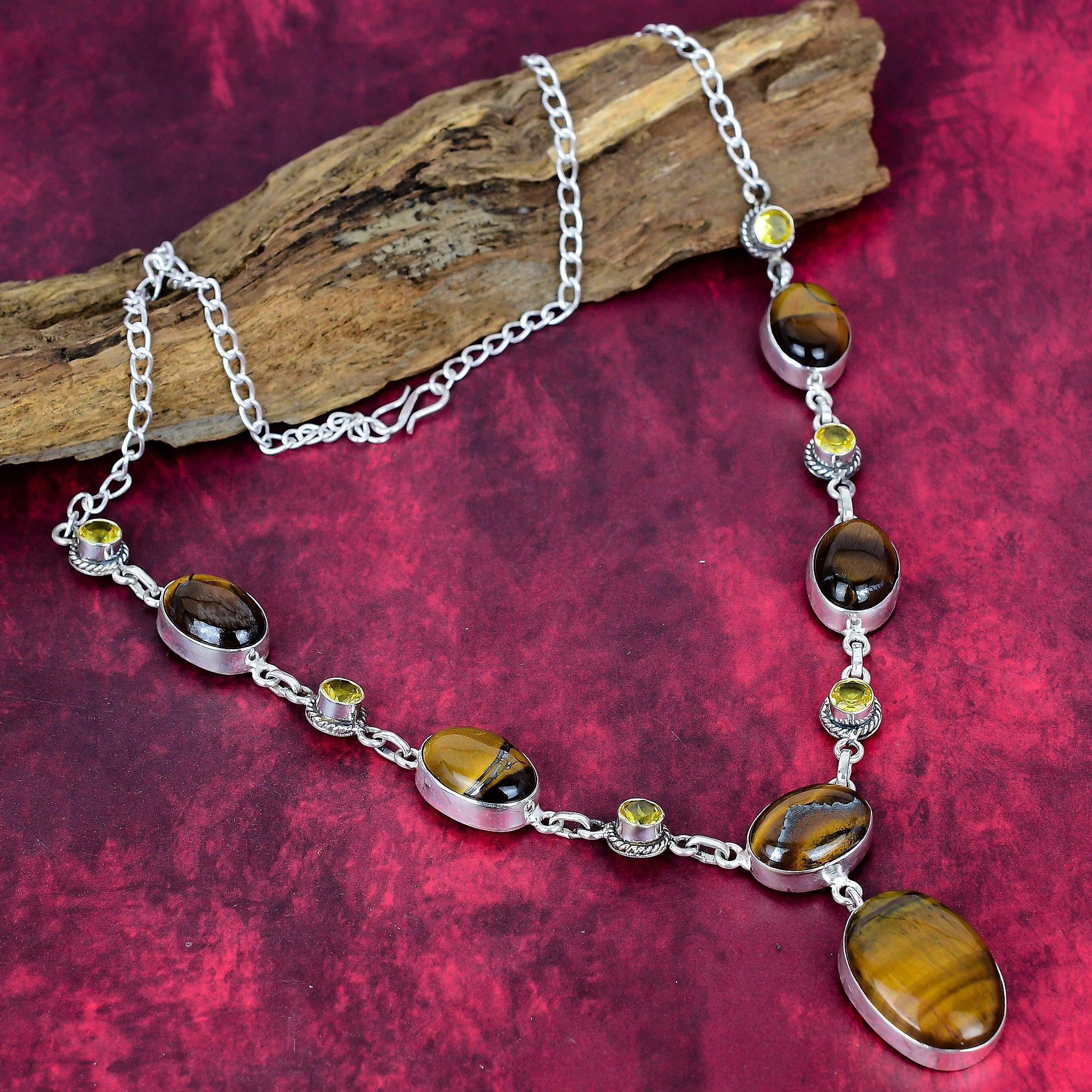 Tiger's Eye & Citrine 925 Solid Sterling Silver Necklace Adjustable, Chain Necklace Handmade Gemstone, Gift For Mom Antique Jewelry