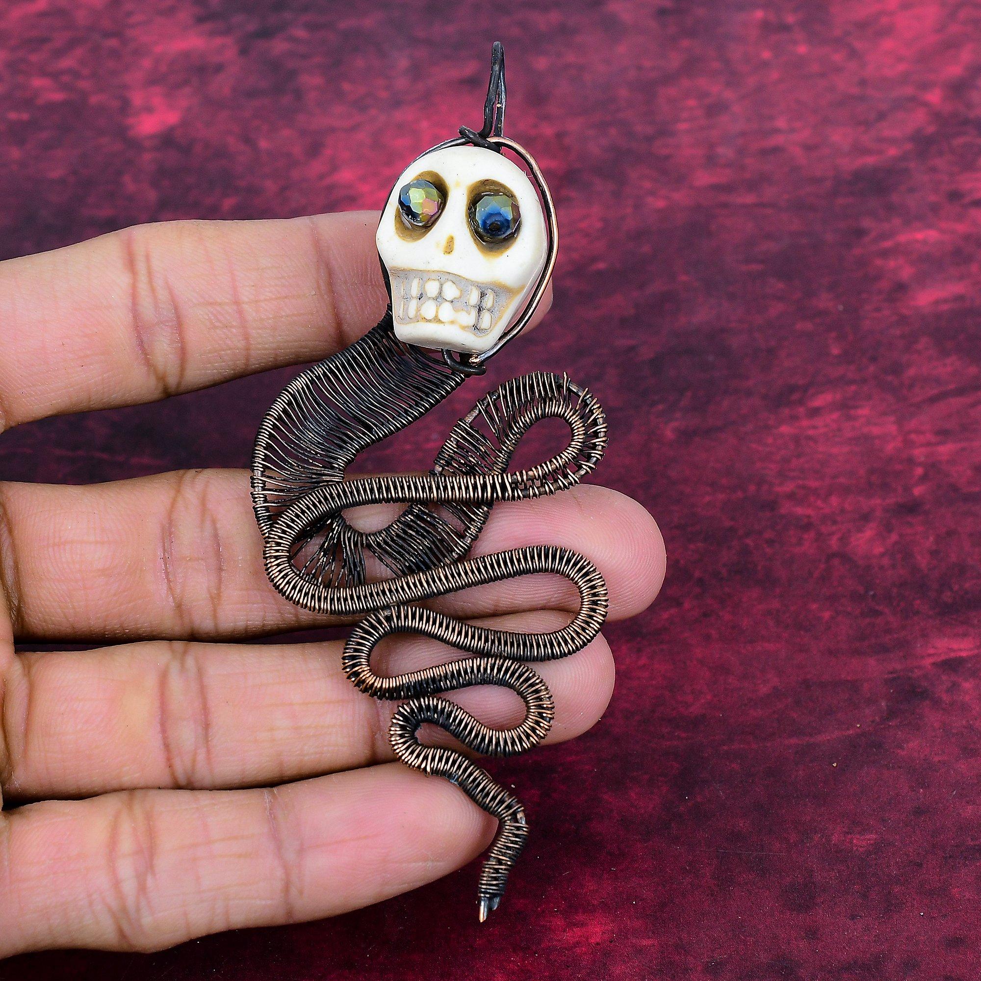 Howlite Copper Wire Wrapped Pendant Titanium Bead Eyes Handmade Jewelry Skull Bone Face Pendant