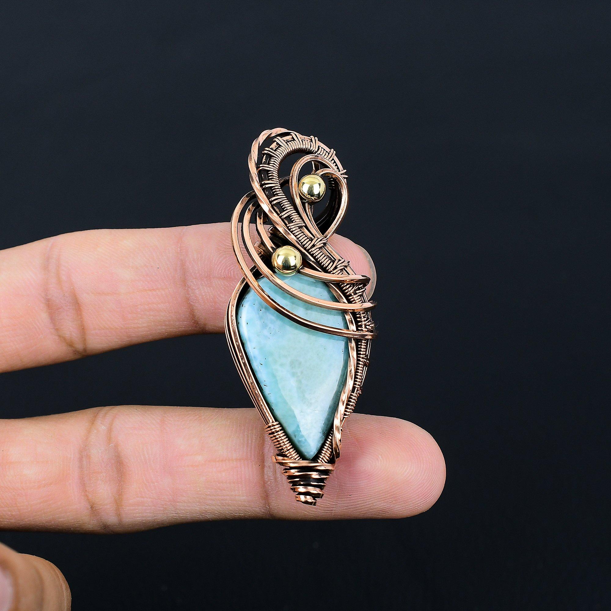 Beautiful Larimar Gemstone Handmade Pure Copper Wire Wrapped Pendant Jewelry