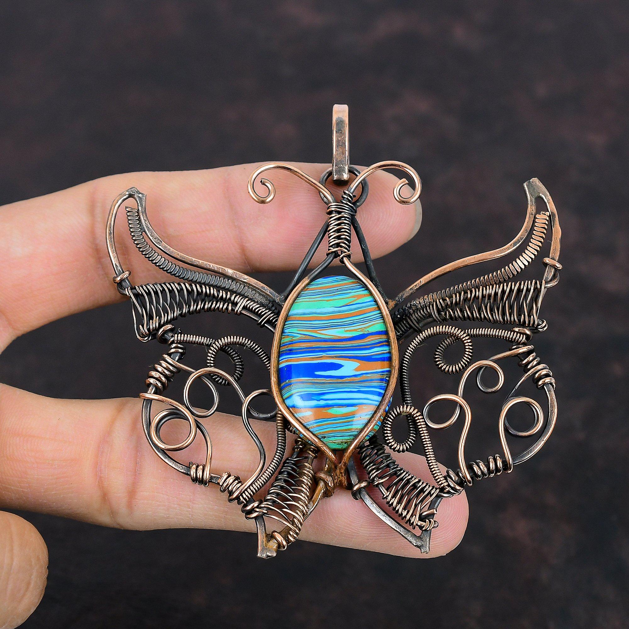 Rainbow Calsilica Pendant Copper Wire Wrapped Pendant Butterfly Pendant Gemstone Pendant Copper Wire Jewelry Gifts For Him Handmade Pendants