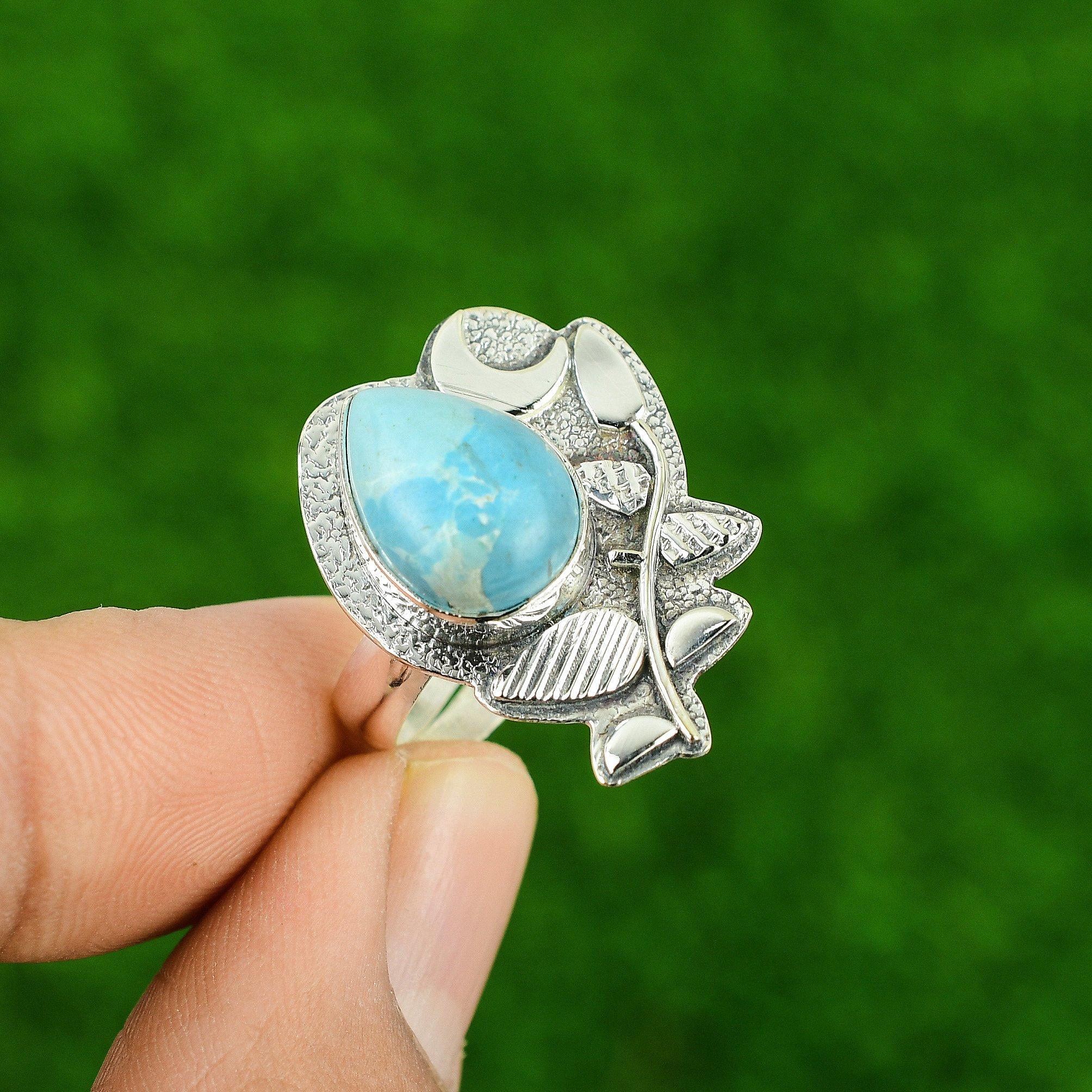 925 Silver Natural Arizona Turquoise Bezel Stackable Cescent Moon Ring Jewelry