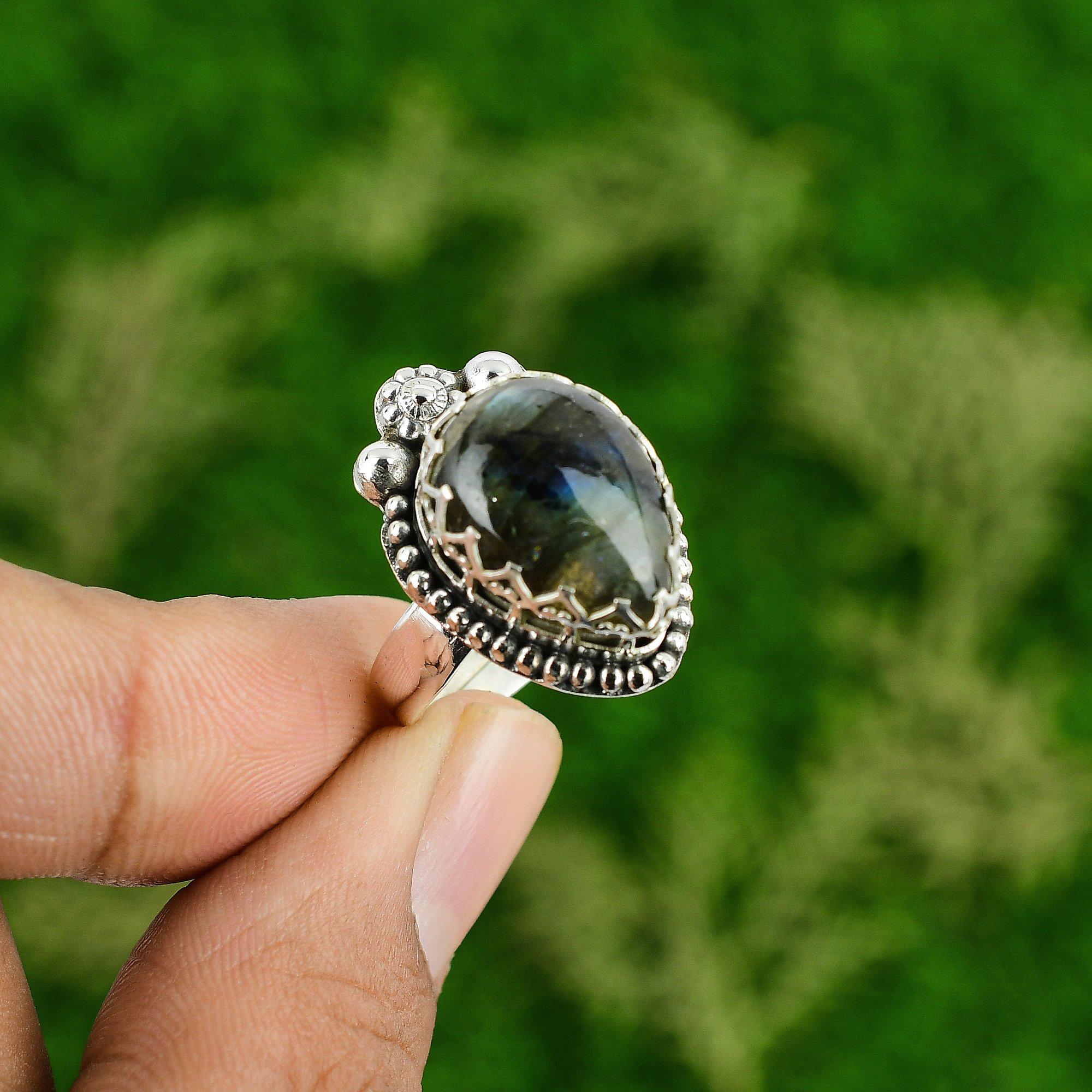 Womens day Sale 925 Silver Pear Labradorite Stone Bezel Statement Ring Jewelry