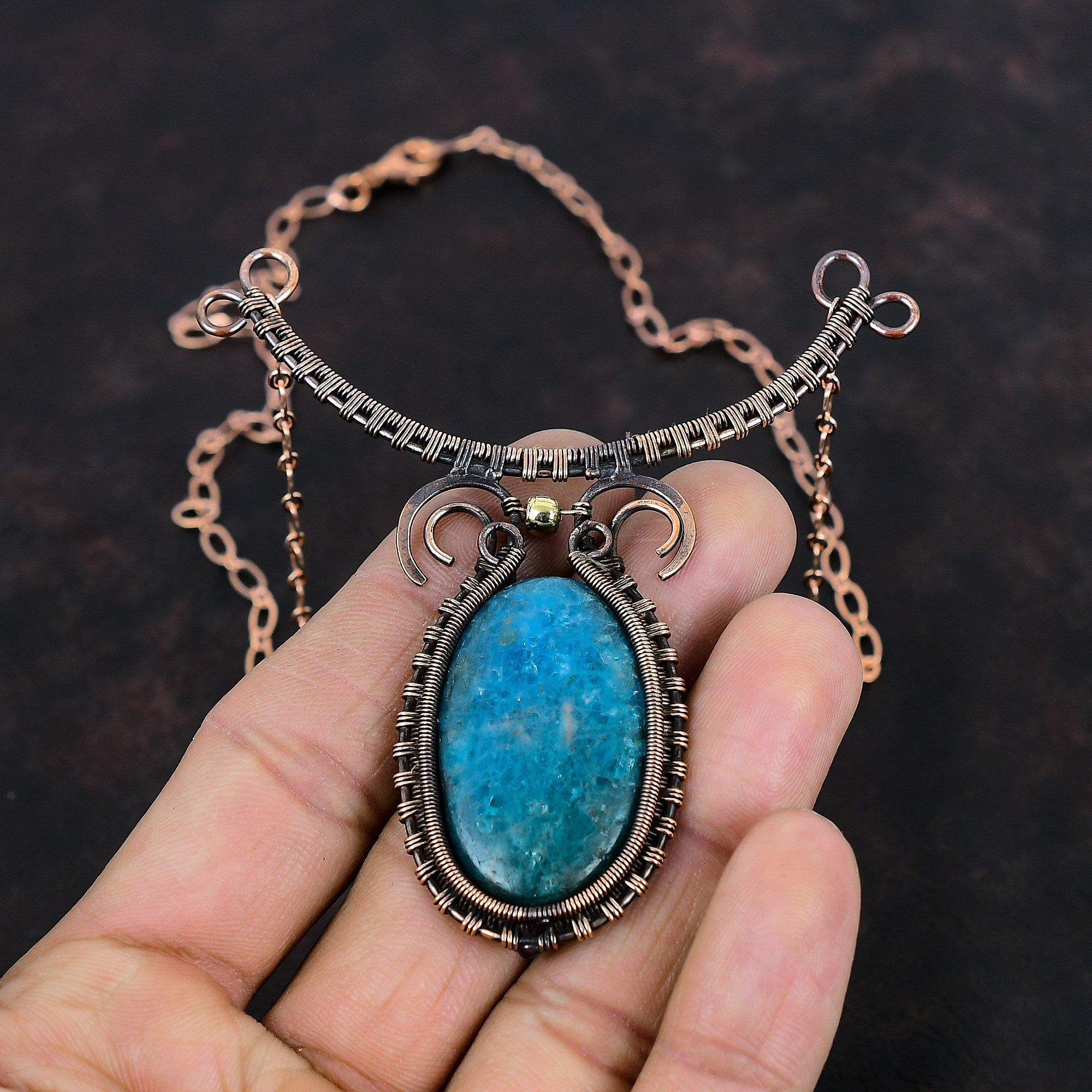 Neon Apatite Necklace Copper Wire Wrapped Necklace Adjustable Chain Necklace Copper Jewelry Handmade Natural Gemstone Necklace Gifts For Mom