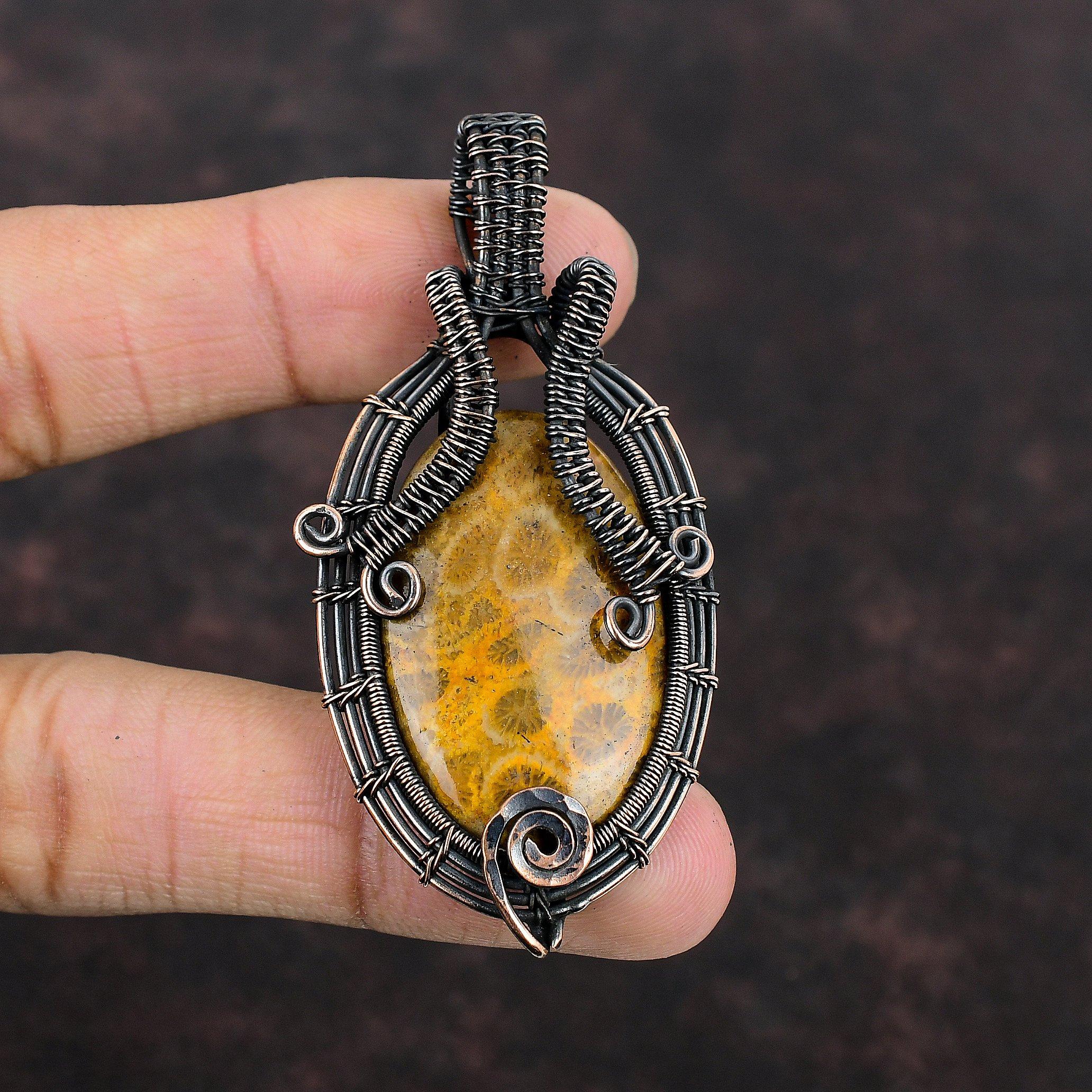 Fossil Coral Pendant Copper Wire Wrapped Gemstone Pendant Handmade Copper Jewelry Anniversary Gift For Her Wire Wrapped Fossil Coral Jewelry