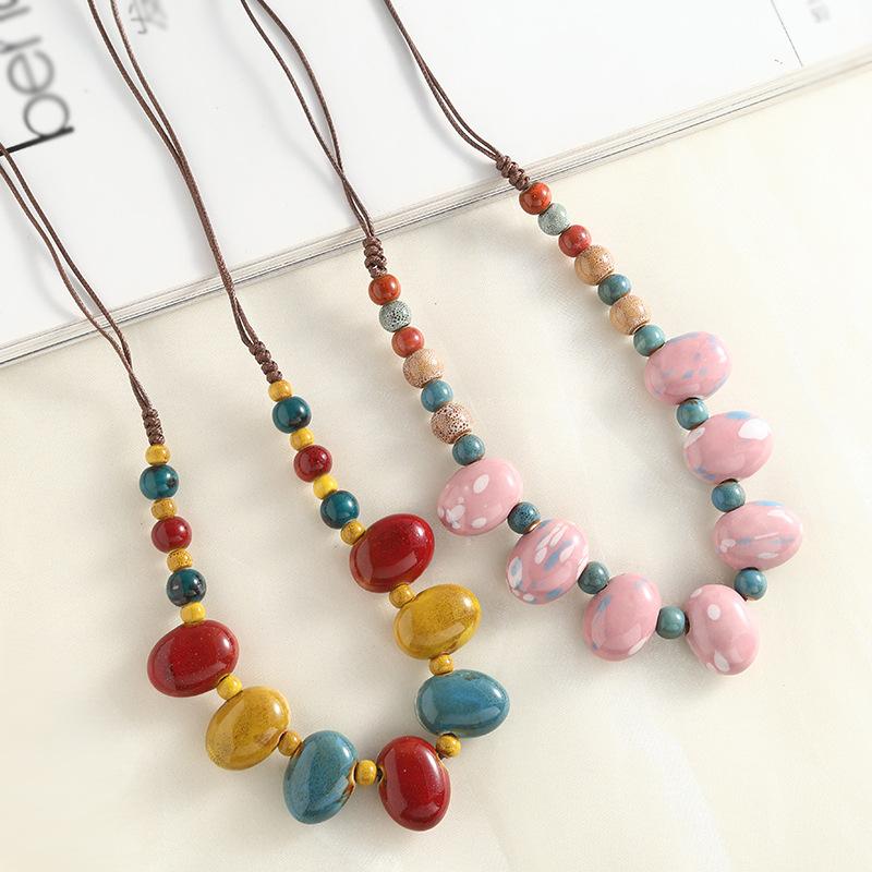 Cobblestone Shape Ceramic Bohemia Bead Necklace Vintage Pendant Jewelry Accessory