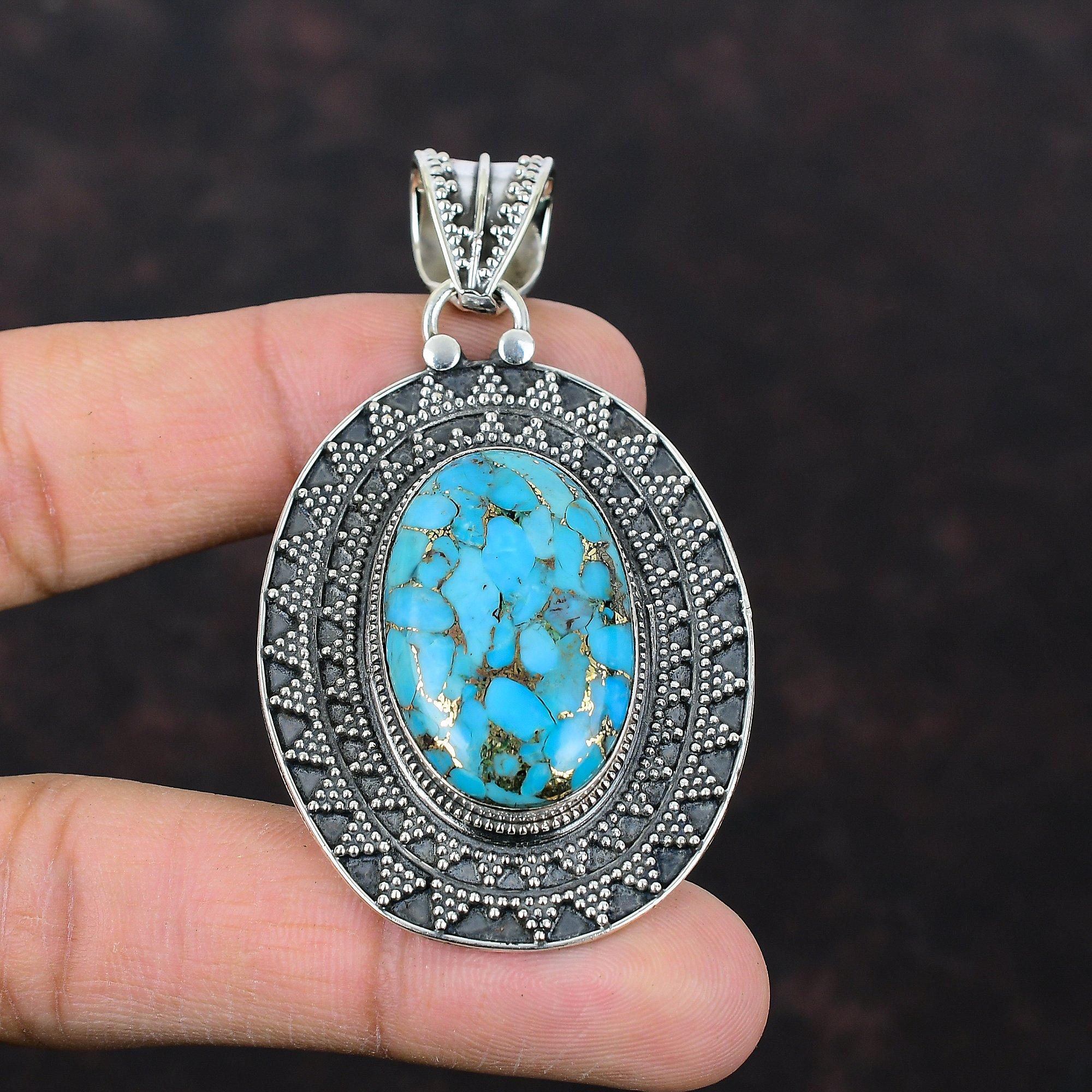 Copper Blue Turquoise Pendant Gemstone Silver Pendant 925 Sterling Silver Pendant Handmade Vintage Jewelry Unique Pendant Anniversary Gifts