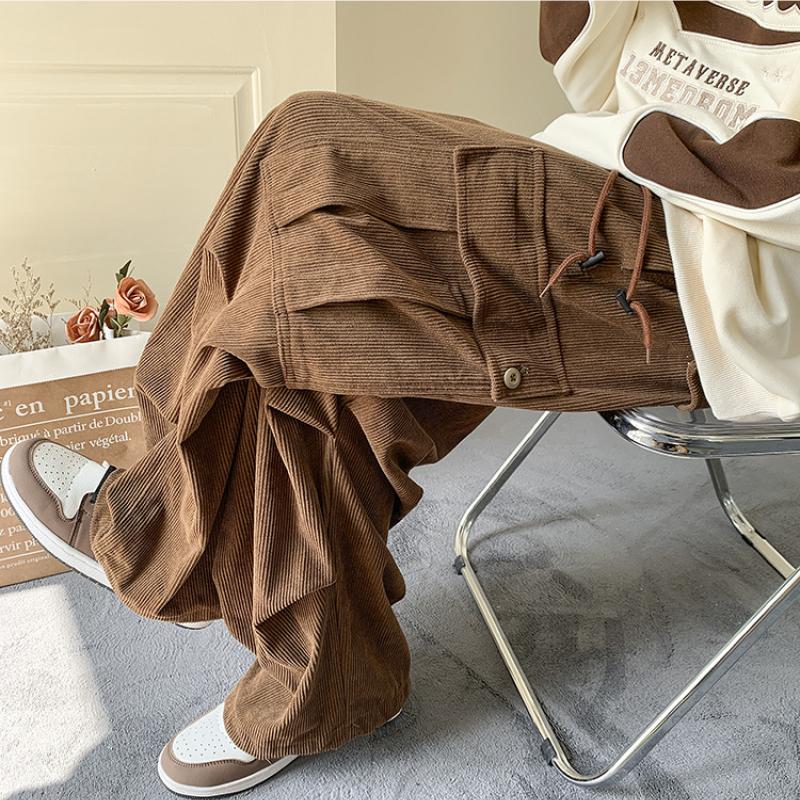 Spring And Summer New Trendy Retro Large Pocket Ankle Overalls Solid Color Drawstring Loose Casual Sports Trousers For Men M-3XL