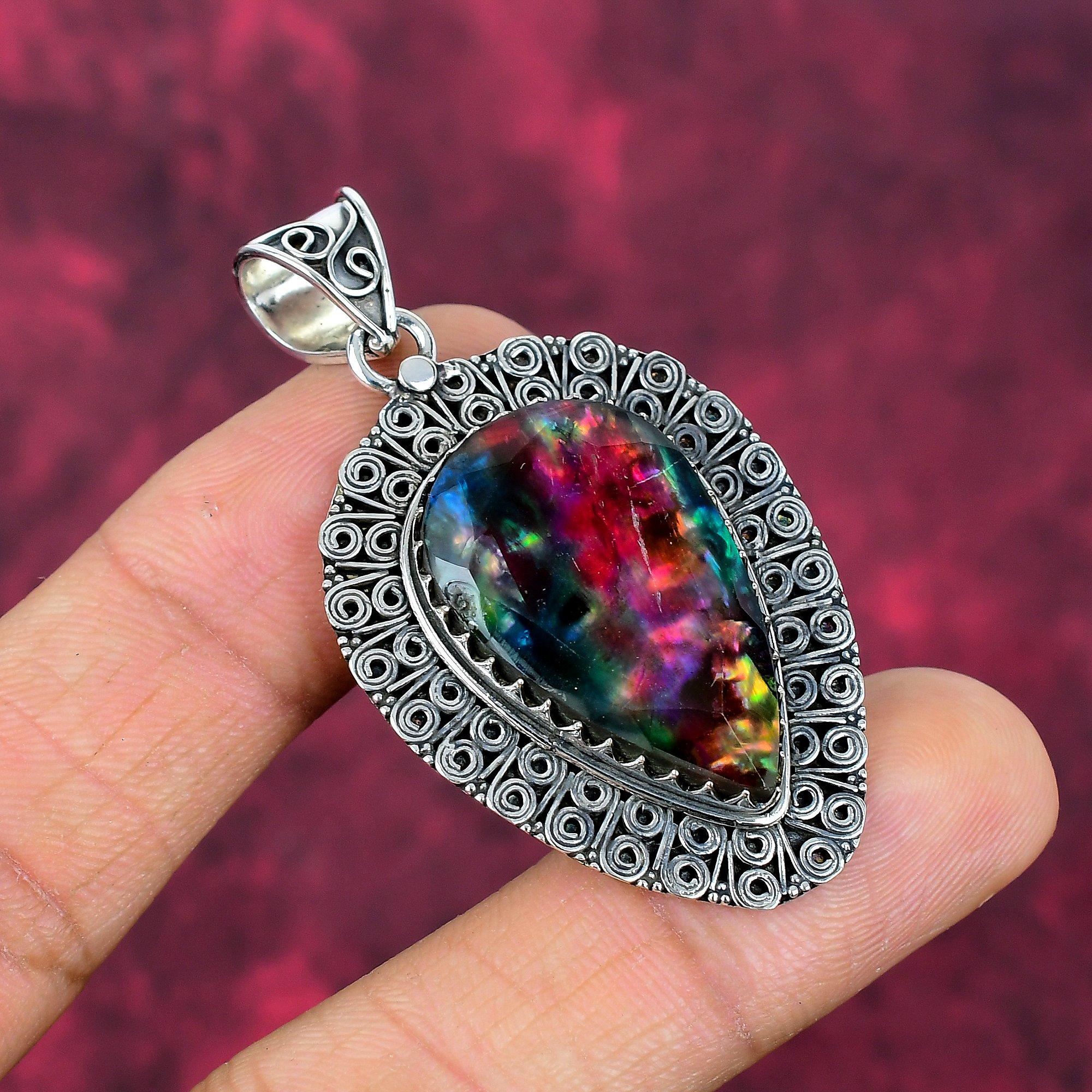 Ammolite Pendant Gemstone Handmade Jewelry, 925 Solid Sterling Silver Pendant, Gift For Wife Jewelry