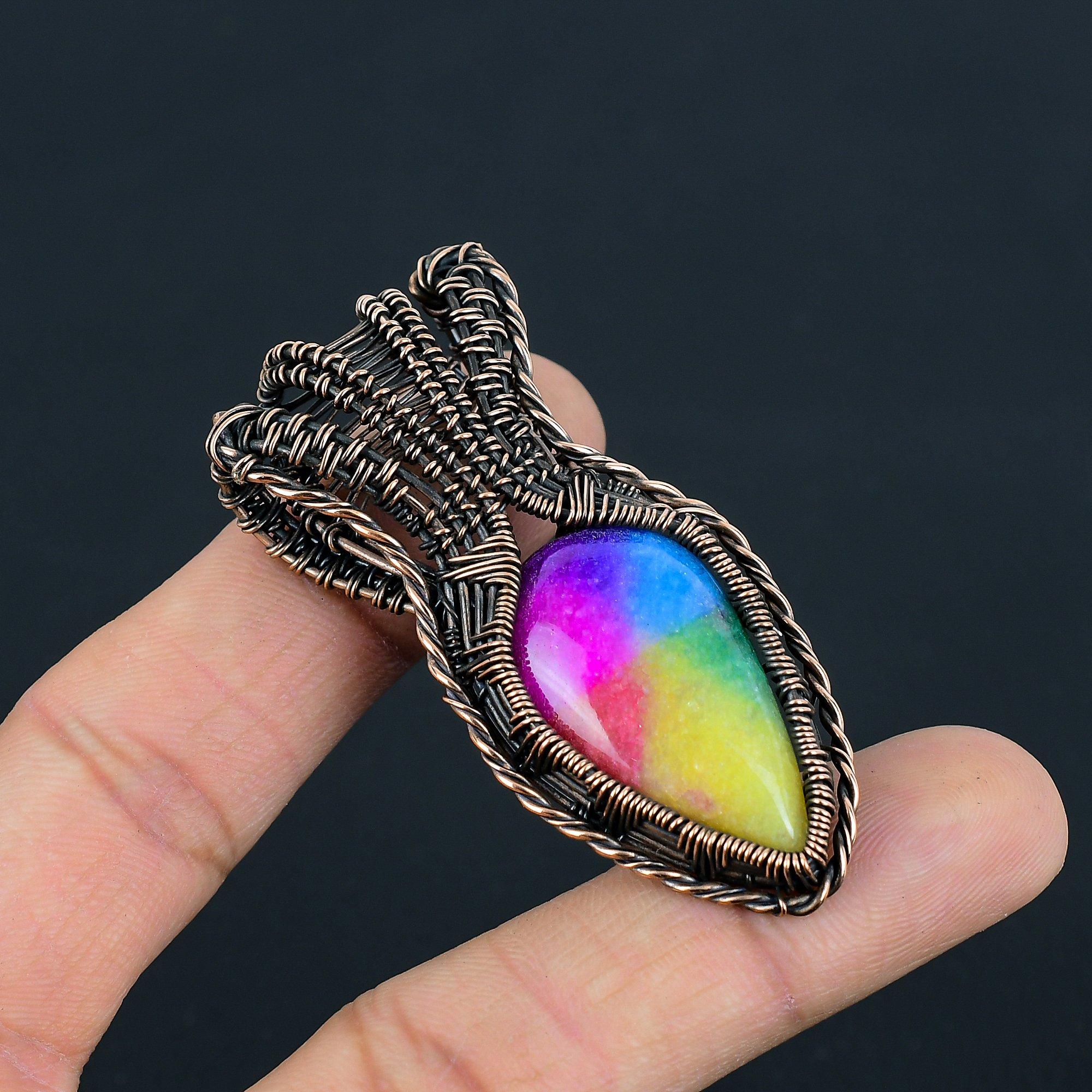 Rainbow Solar Quartz Gemstone Handmade Copper Wire Wrap Jewelry Pendant For Gift