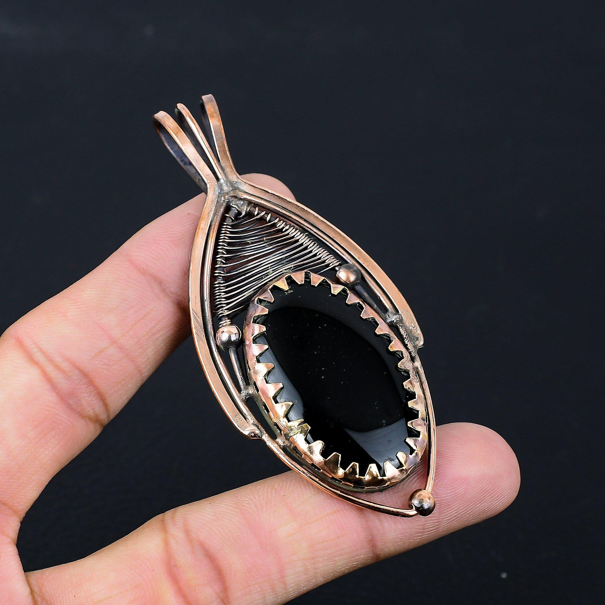 Beautiful Black Onyx Gemstone Pure Copper Wire Wrapped Handmade Pendant Jewelry