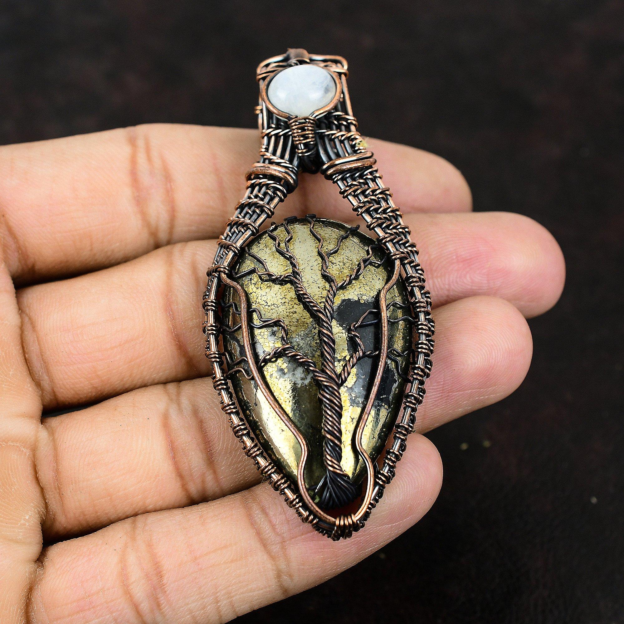 Pandantiv Piatră Prețioasă Pirită Arborele Vieții Pandantiv Înfășurat în Sârmă de Cupru Bijuterii din Sârmă de Cupru Bijuterii cu Piatră Lunii Curcubeu Cadou Pentru Ea Pandantiv de Designer