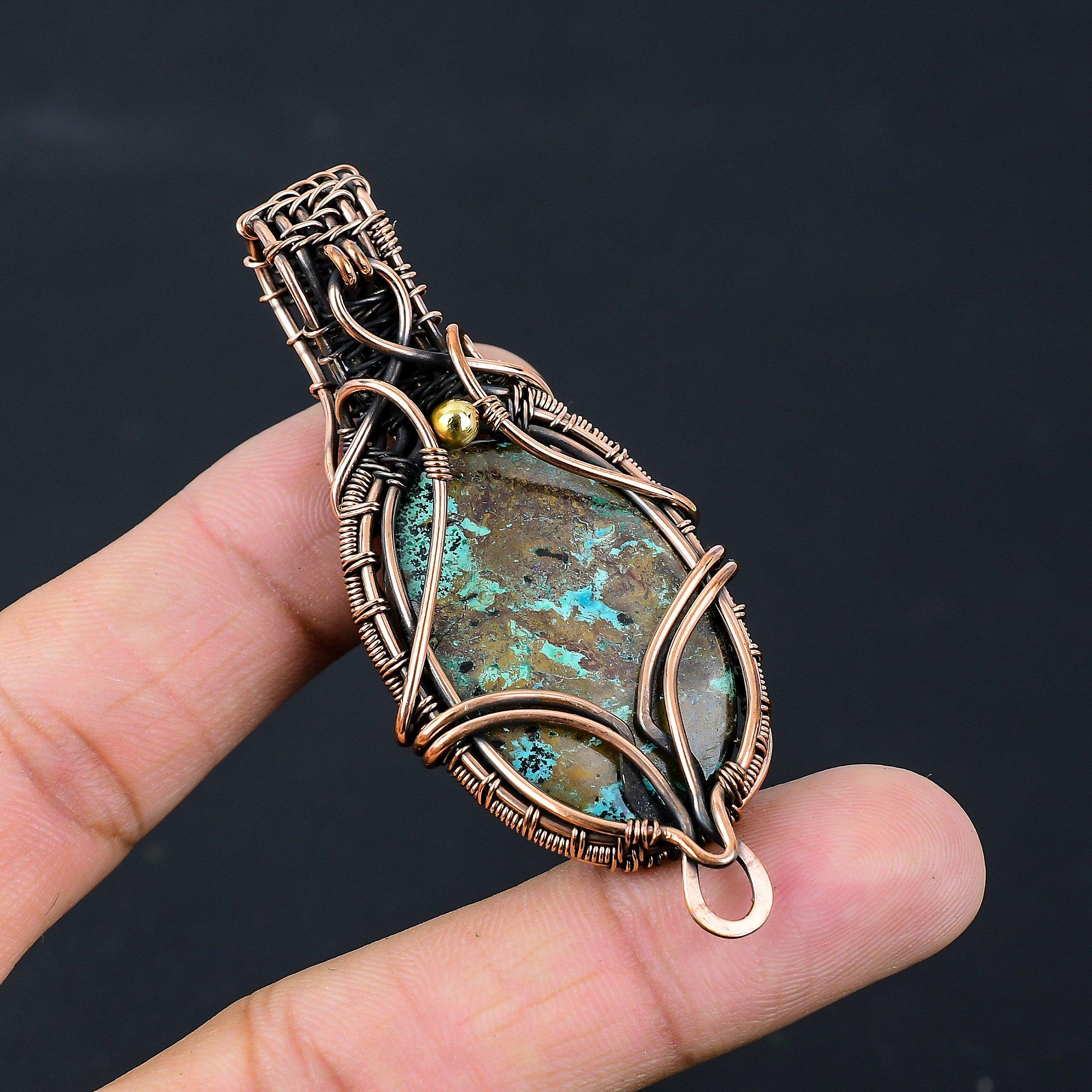 Amazing Azurite Gemstone Pure Copper Wire Wrapped Handmade Pendant Jewelry
