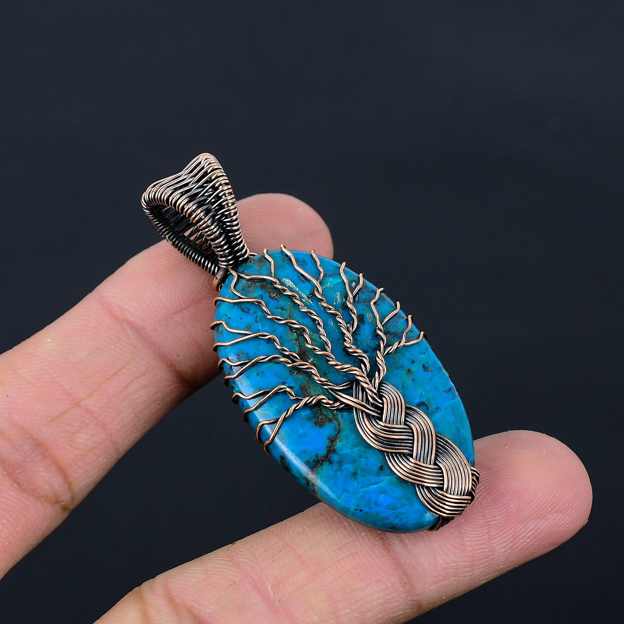 Funkelnder Lebensbaum Blauer Azurit Edelstein Reiner Kupferdraht Wickel Handgefertigter Schmuck Anhänger