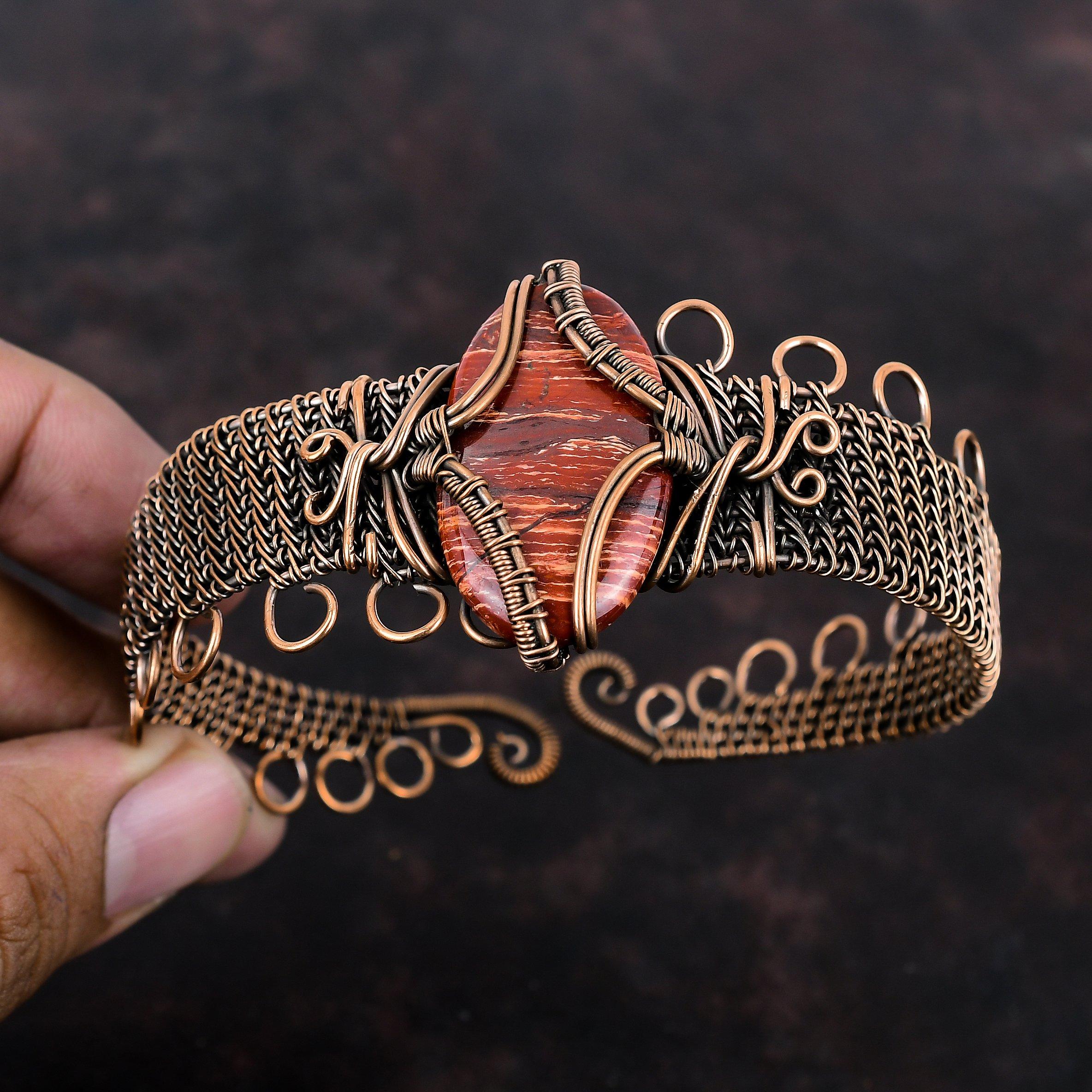 Red Snakeskin Jasper Cuff Bracelet Copper Wire Wrapped Adjustable Bangle Handmade Gemstone Bangle Copper Jewelry Flower Bangle Gift For Him