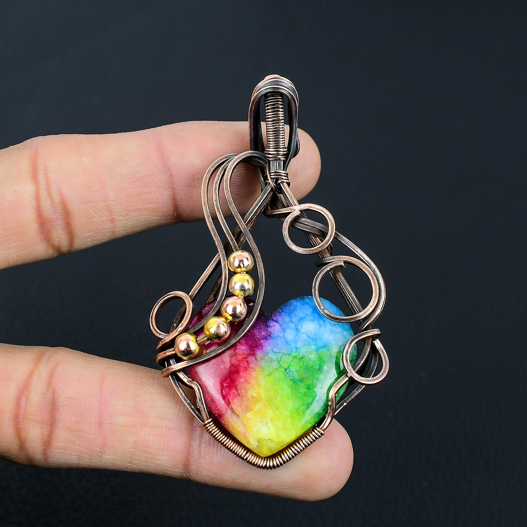 Rainbow Solar Quartz Gemstone Handmade Pure Copper Wire Wrapped Pendant Jewelry For Memorial