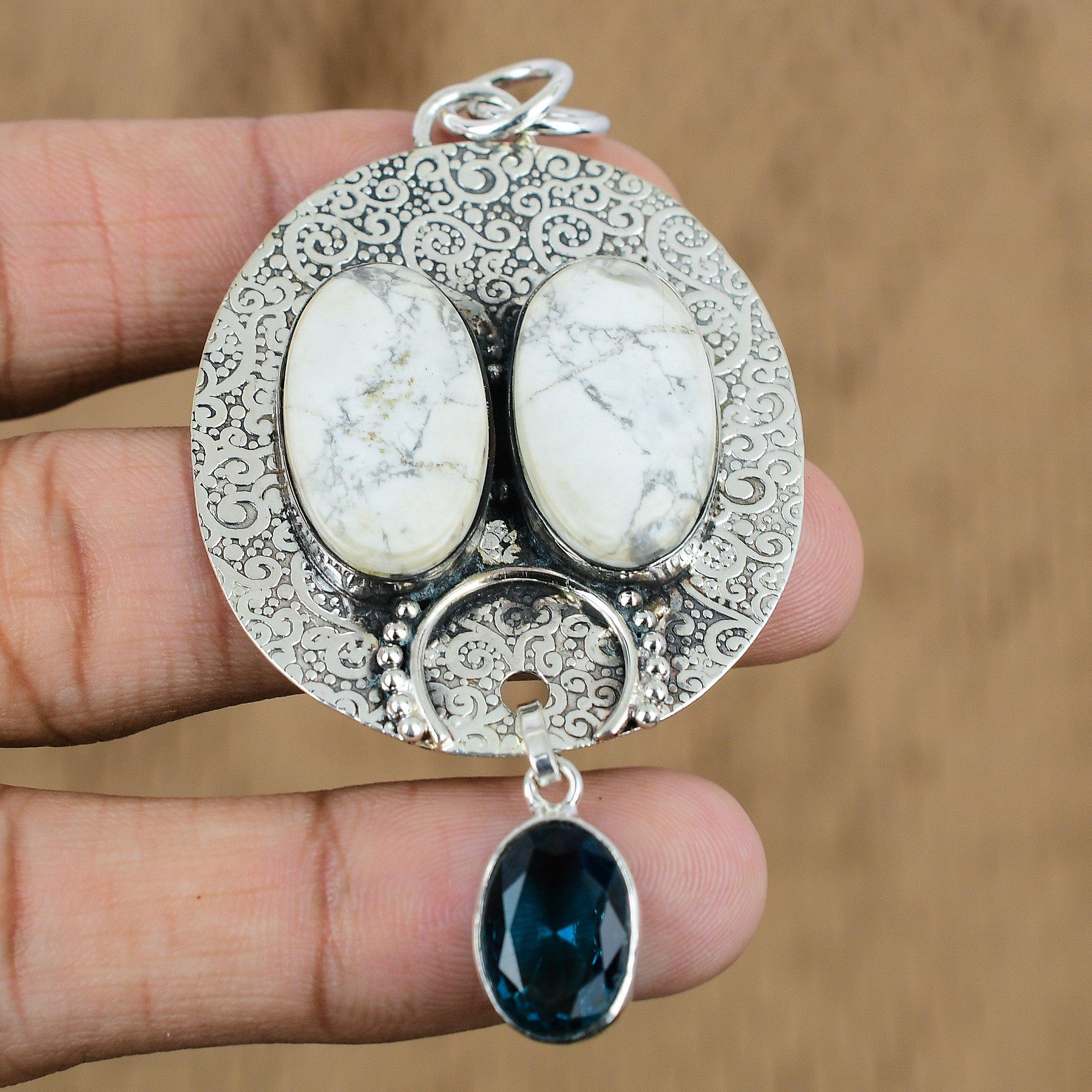 925 Silver Oval Howlite Stone Indicolite Mother Wedding Handmade Pendant Jewelry
