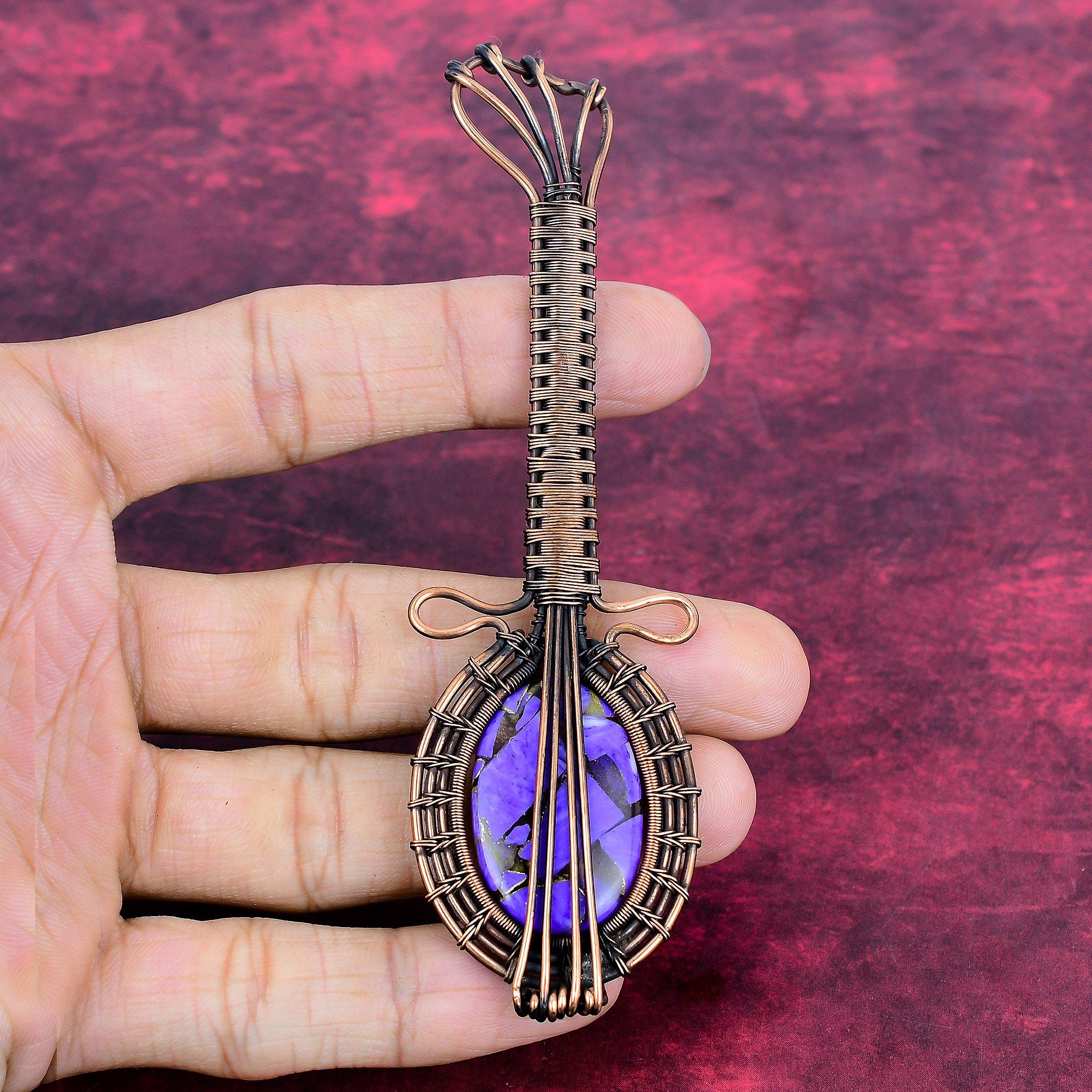 Copper Charoite Real Gemstone Pendant Guitar Pendant Copper Wire Wrapped Jewelry