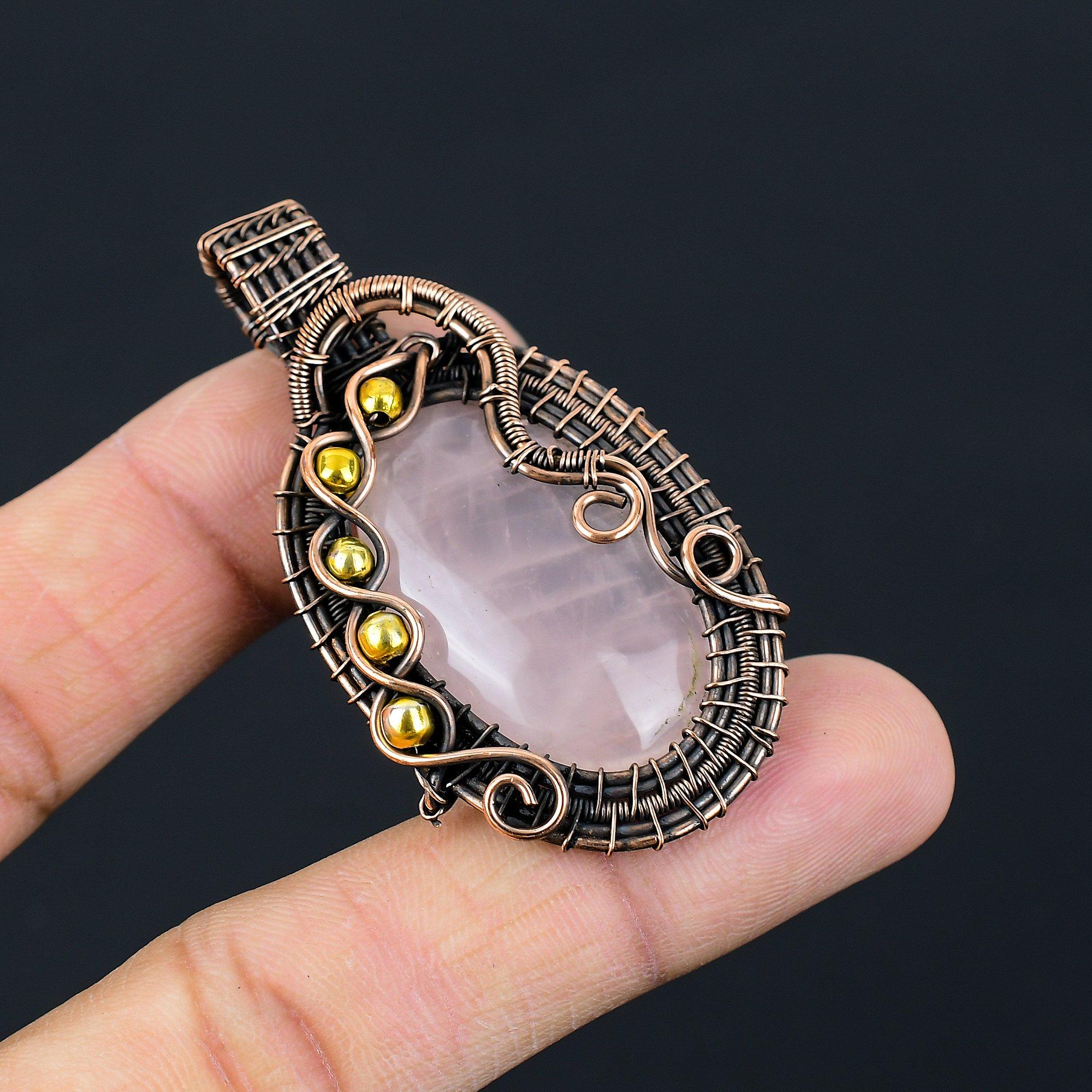 Gorgeous Rose Quartz Gemstone Pure Copper Wire Wrapped Handmade Pendant Jewelry
