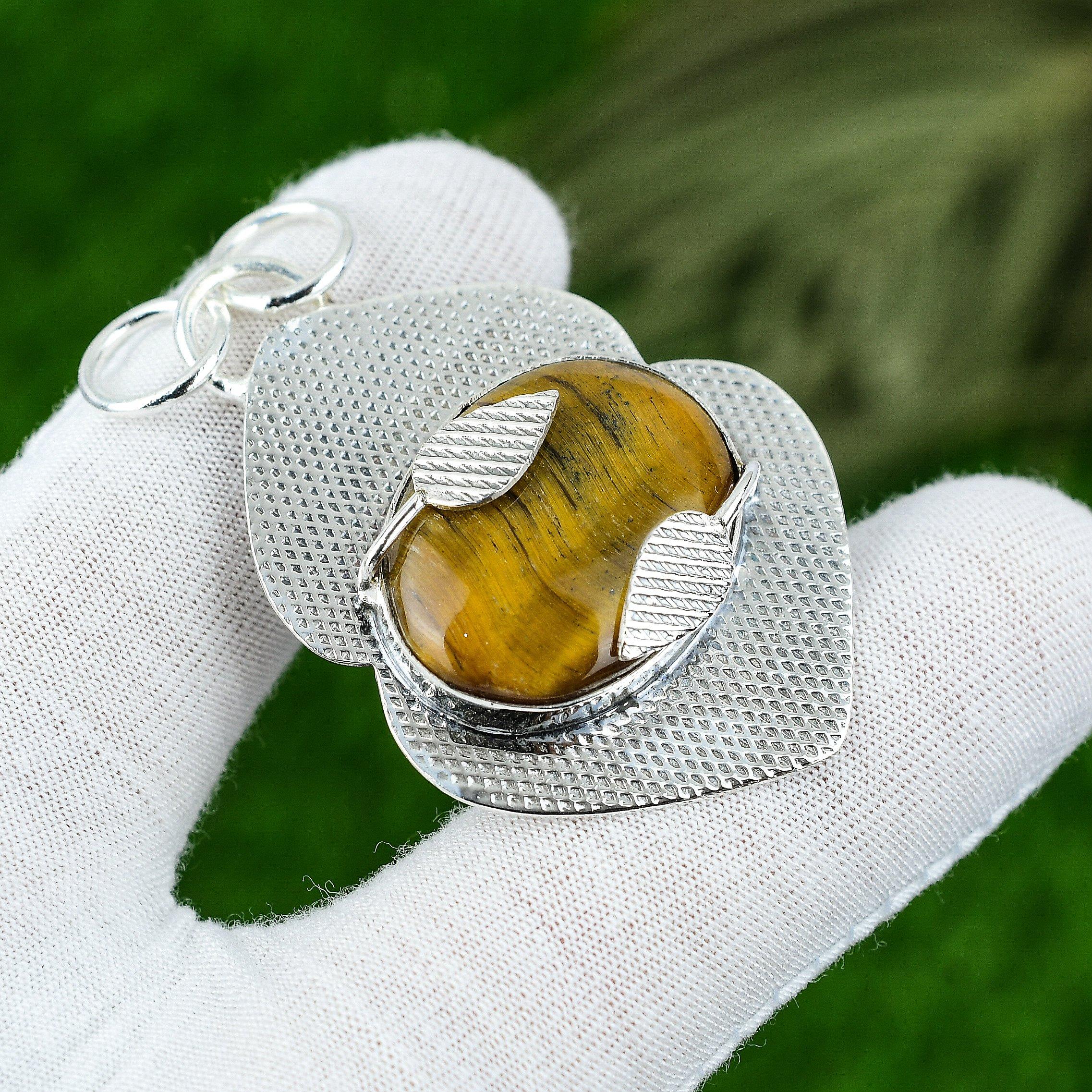 Natural Tiger Eye Gemstone Indian Jewelry 925 Sterling Silver Pendant For Women