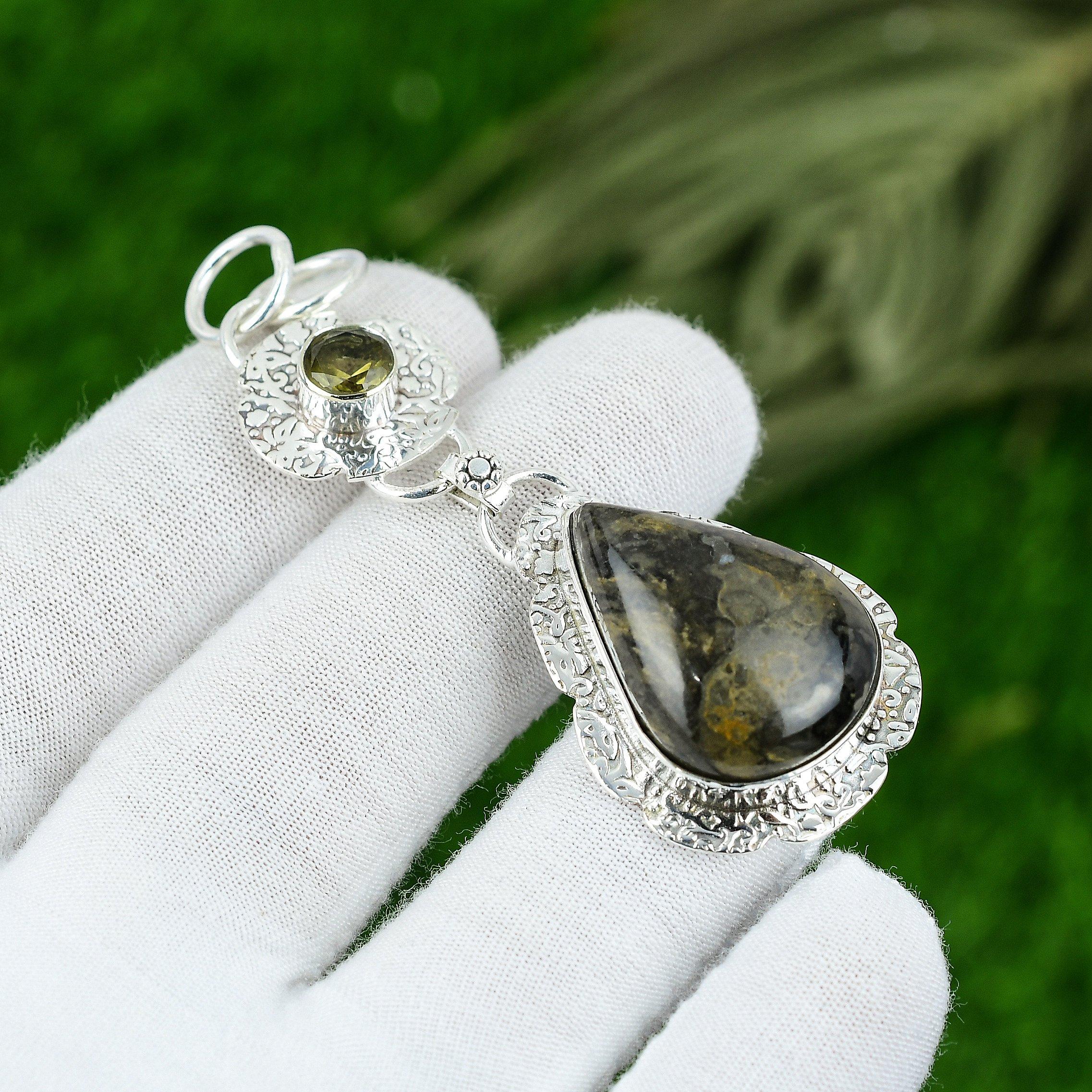 Natural Petrifide Wood Gemstone Pendant 925 Sterling Silver Jewelry For Girls