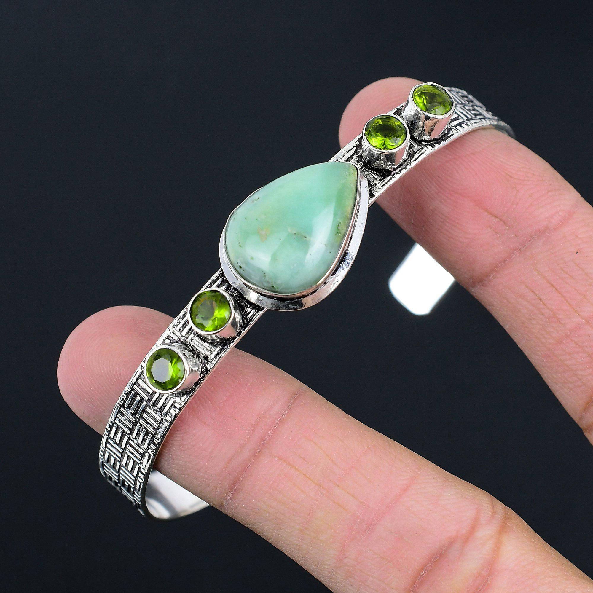 Bracelet en Argent Sterling 925 avec Pierre Précieuse Chrysoprase Naturelle Réglable Pour Femmes