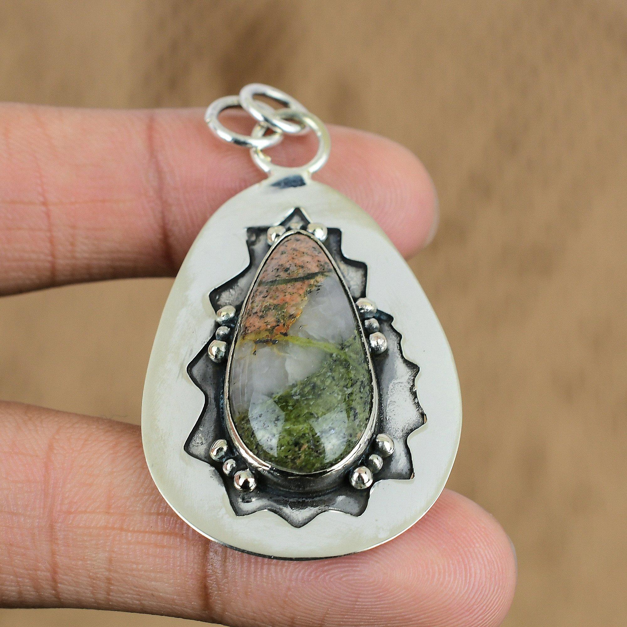 Wedding Gift For Her 925 Sterling Silver Natural Unakite Gemstone Pendant