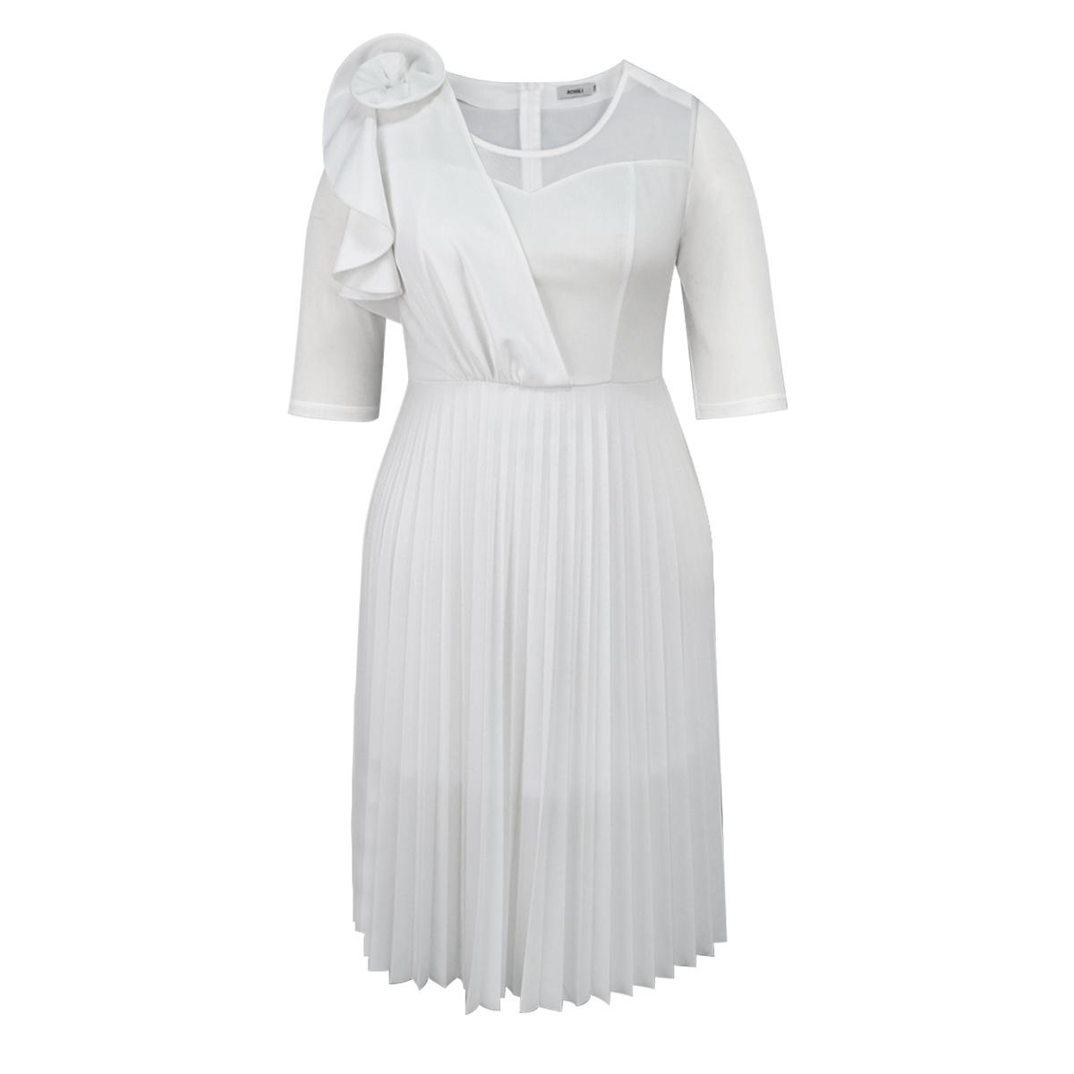 AOMEI White A Line Dresses O Neck Half Sleeve Ruffles Flower Evening Birthday Party Midi Gowns Dress for Women