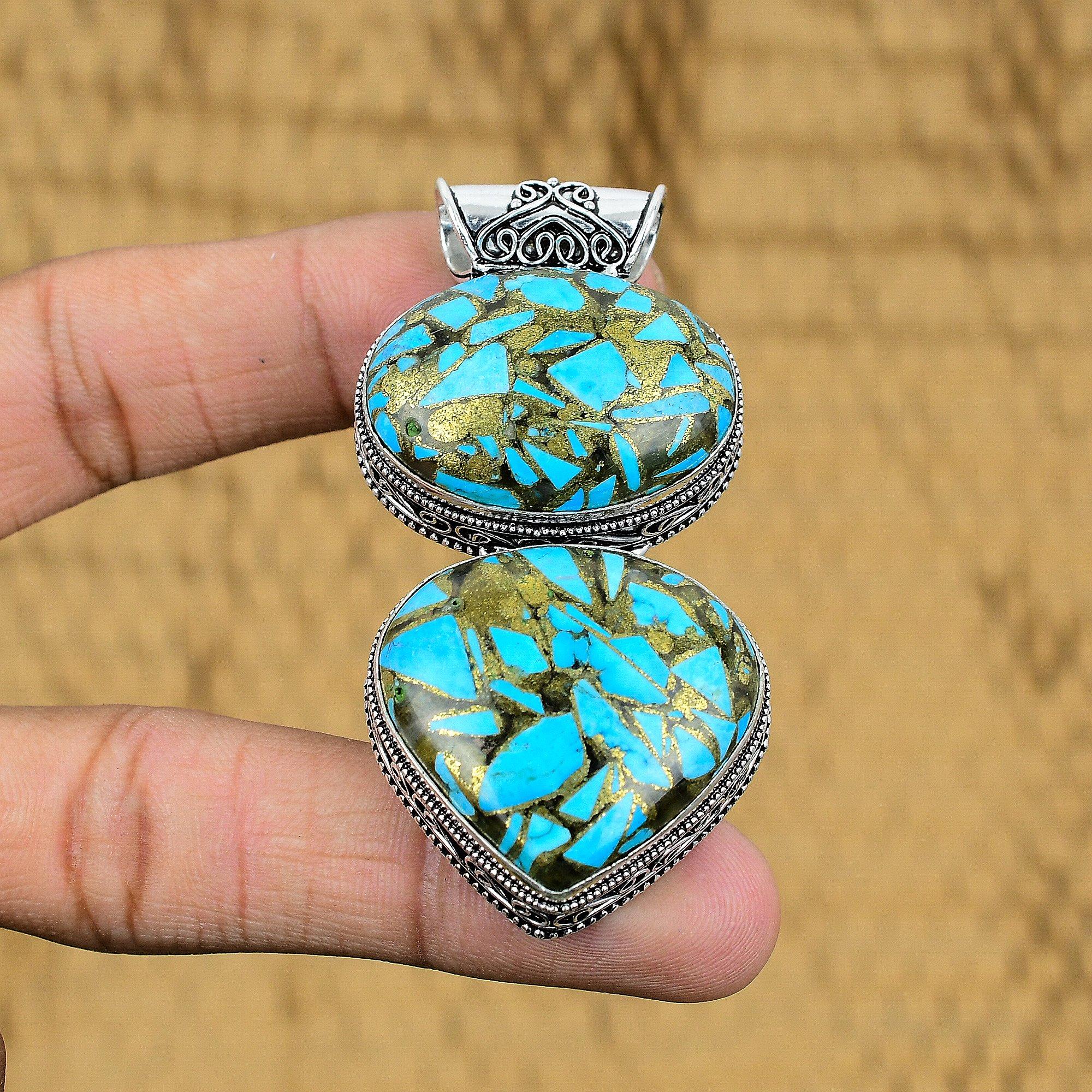 Natural Copper Blue Turquoise Gemstone 925 Silver Pendant Vintage For Women