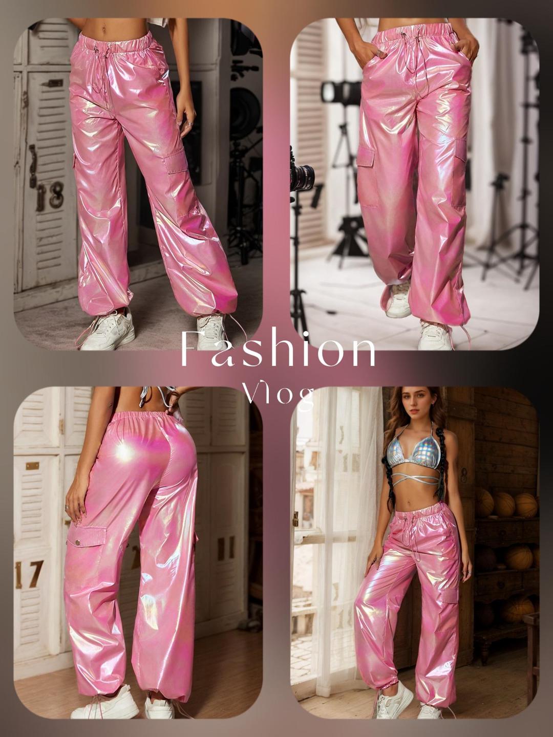 Rose Beauty A Ženy Ležérní Joggers Růžová Holografická klopa Kapsa Boční Šňůrka Pas Náklad Padák Kalhoty Volné Dámské kalhoty