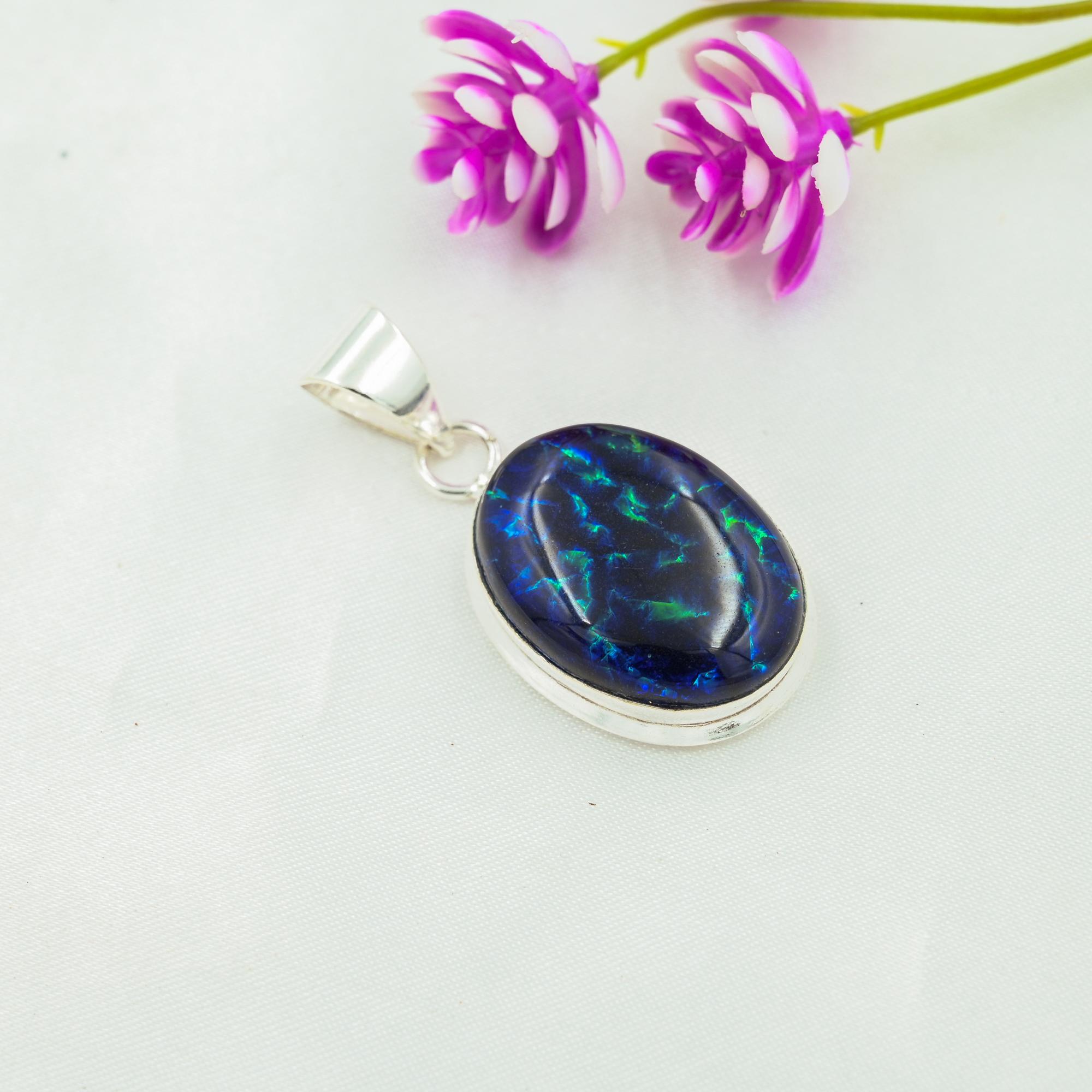 Blue Triplet Opal Jewelry, Handmade Gemstone Pendant, 925 Solid Sterling Silver Pendant Antique Jewelry, For Engagement Gift