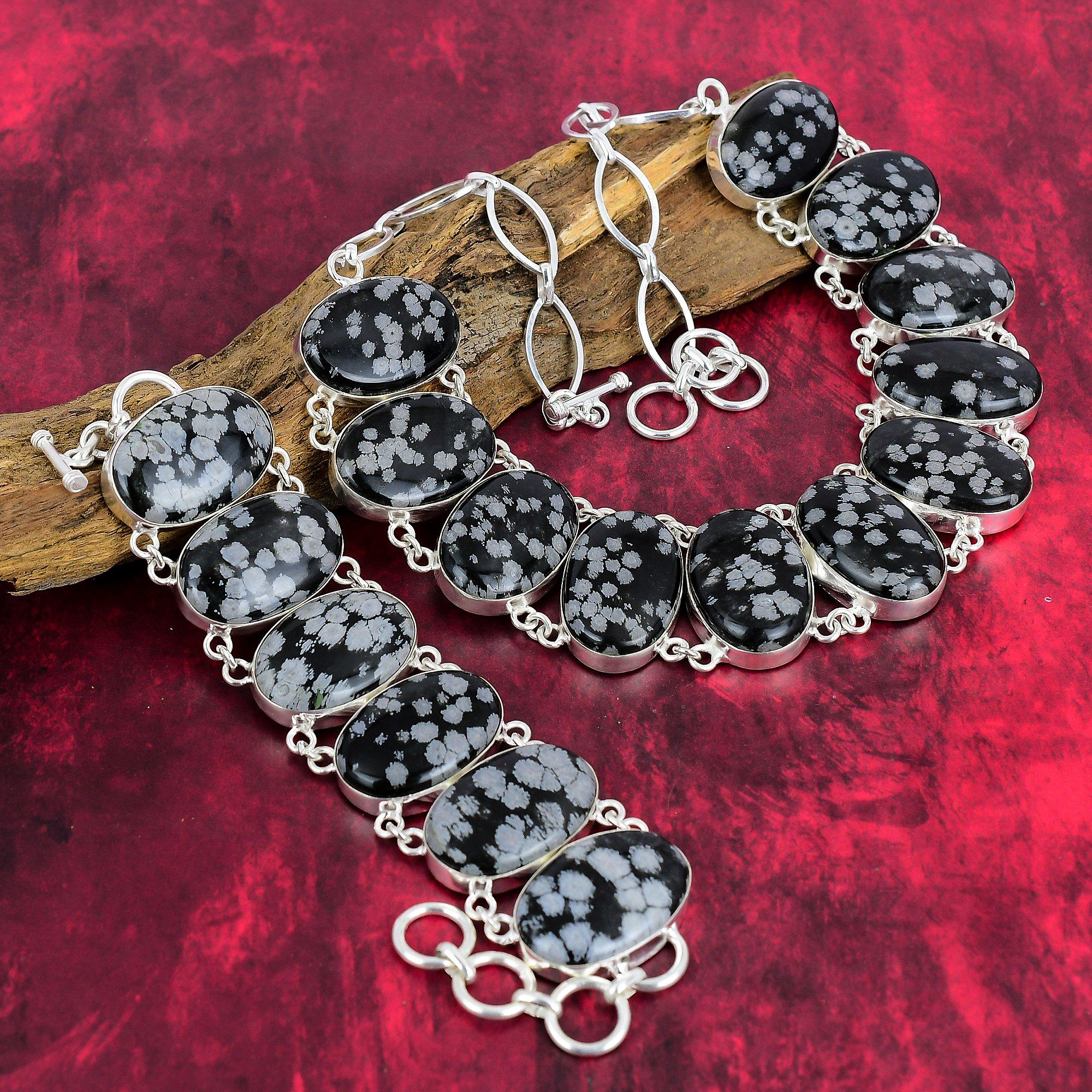 Bijuterii cu pietre prețioase obsidiane fulgi de nea, brățară și colier din argint solid 925, set de bijuterii obsidian, bijuterii orbitoare realizate manual pentru dragoste