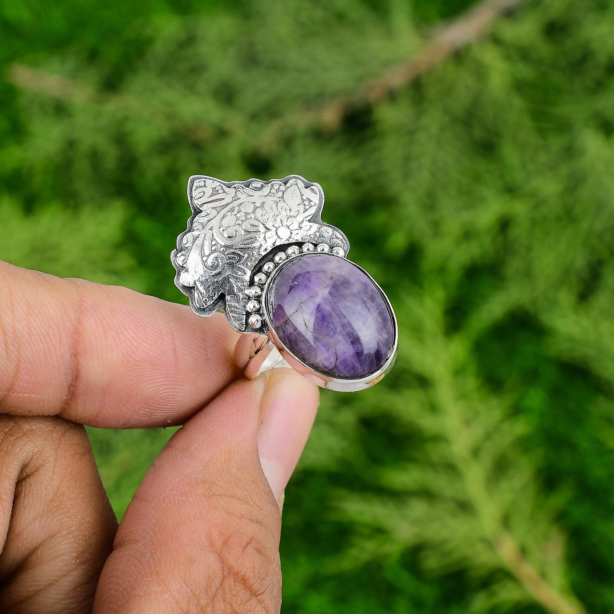 Oval Chevron Amethyst Stone Bezel Promise Crown Chakra Wife Ring Sterling Silver