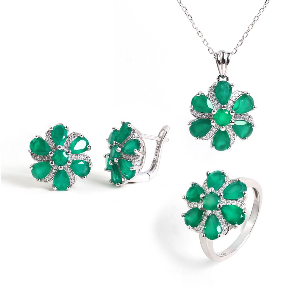 Natural green Agate gemstones Flower Design earrings ring pendant necklace S925 silver jewelry set for women valentines gift