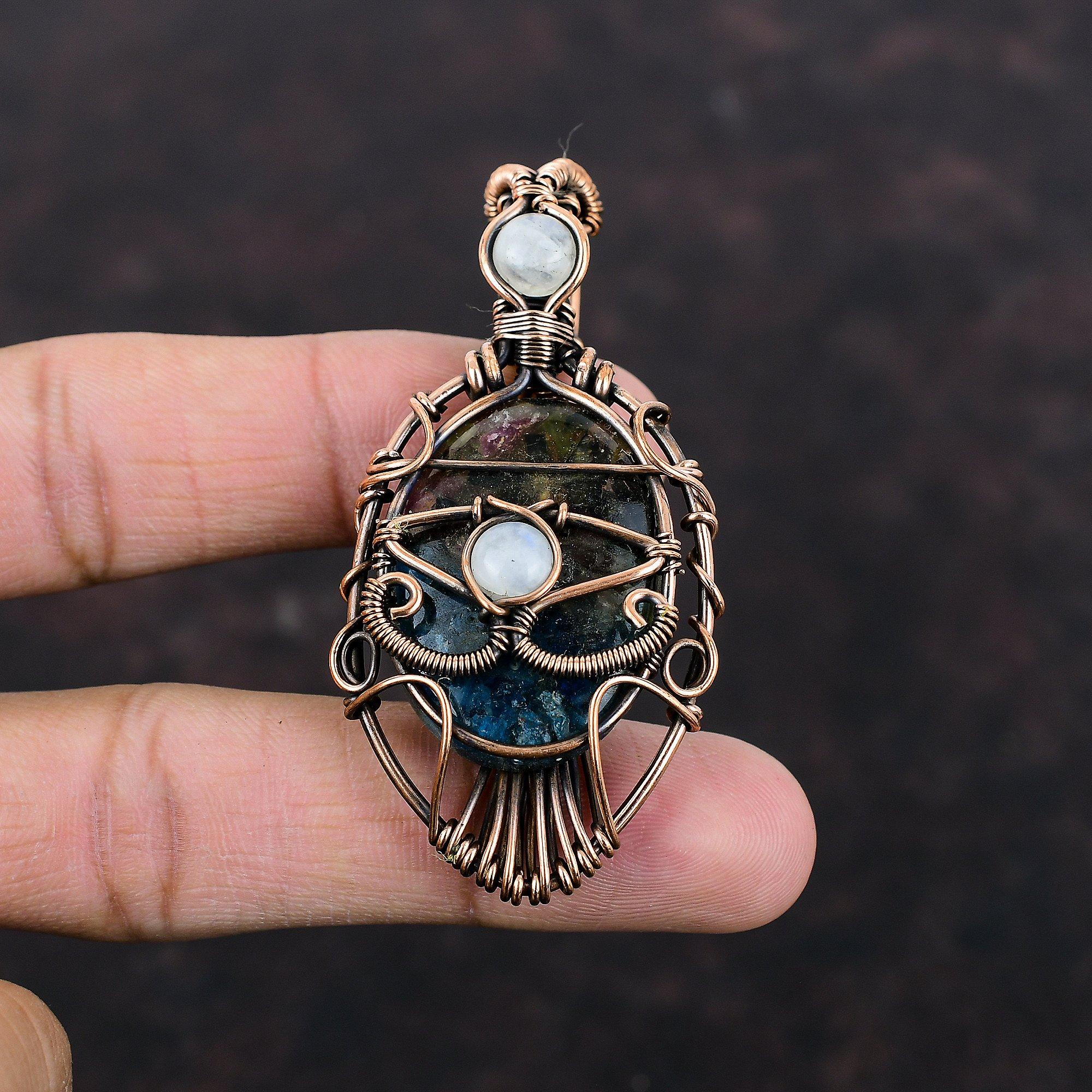 Evil Eye Watermelon Tourmaline Pendant Copper Wire Wrapped Gemstone Pendant Rainbow Moonstone Pendant Handmade Designer Jewelry Gift For Him