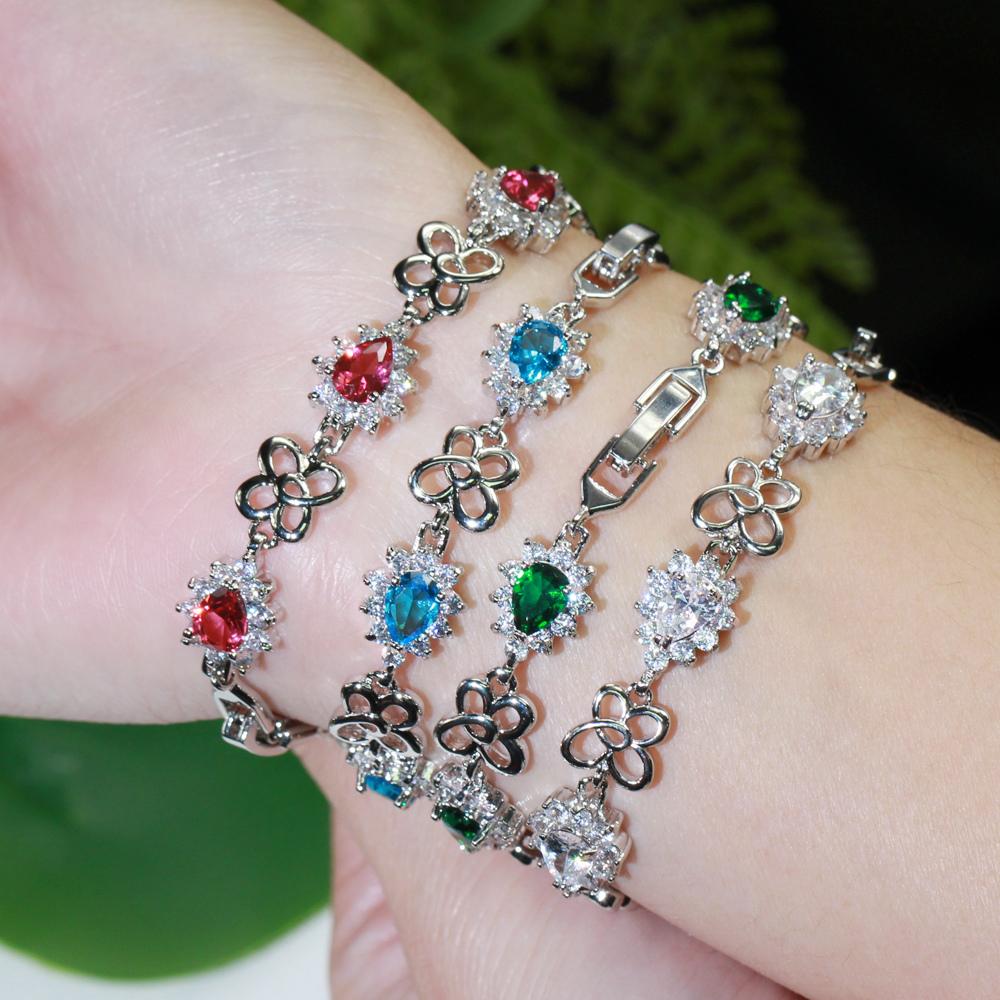 WWJ Exquisite Cubic Zirconia Flower Shape Silver Color Link Bracelet