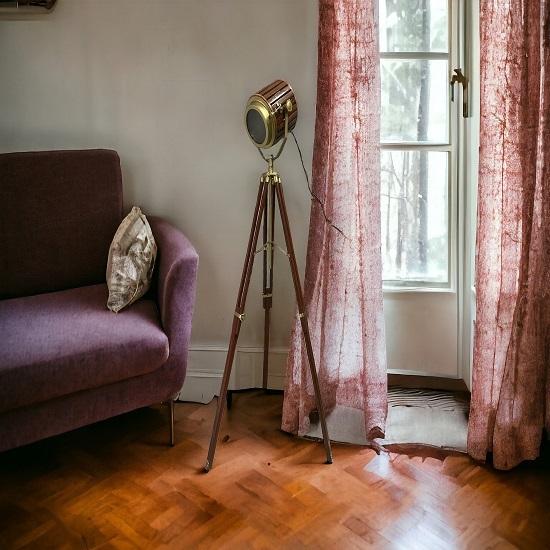 Handmade Industrial Floor Lamp with Wooden Tripod | Studio Searchlight Spotlight | Brown Tripod Home Decor Collectible