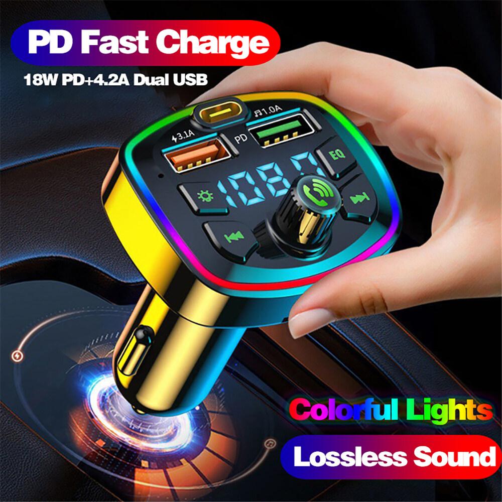 Q7 Bluetooth 5.0 Car Charger FM Transmitter Type C 2 USB Port 4.2A Charger Colorful Ambient Light MP3 Music Player