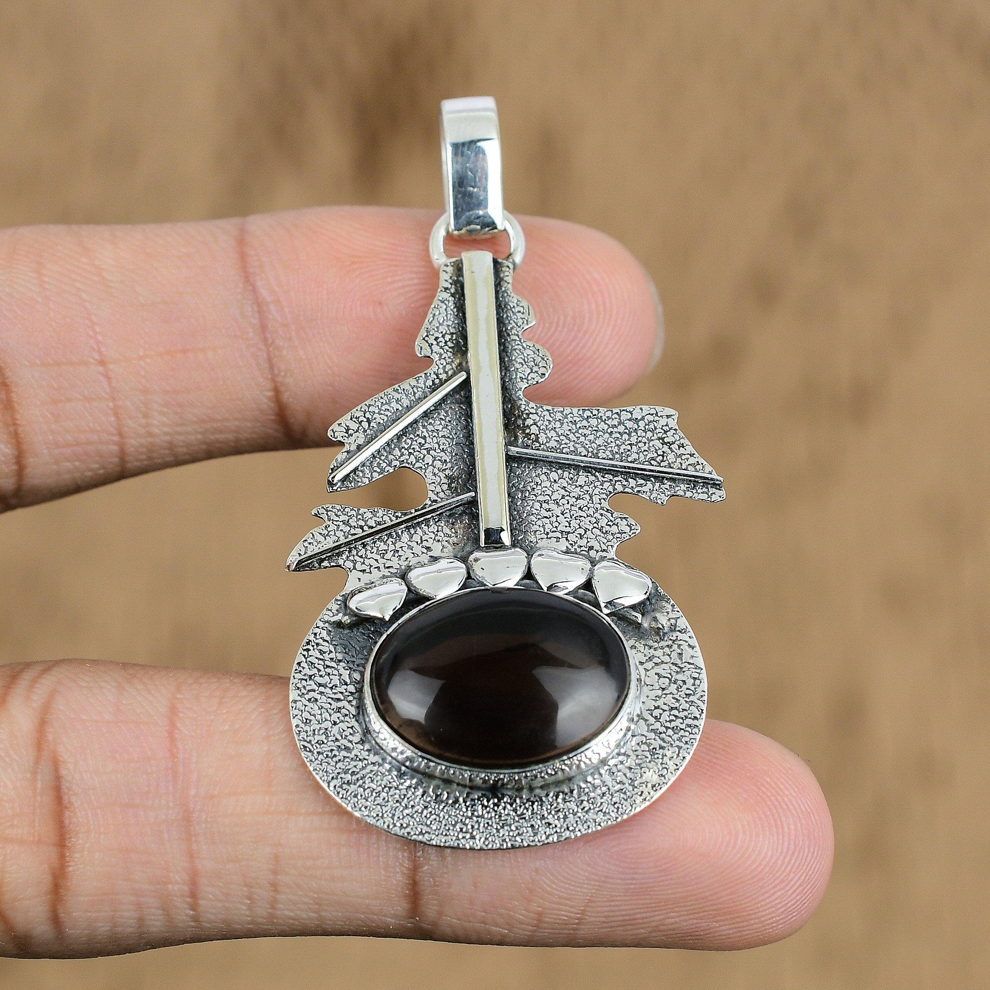 Oval Natural Smokey Quartz Ethnic Handcrafted Wedding Pendant Jewelry 925 Silver