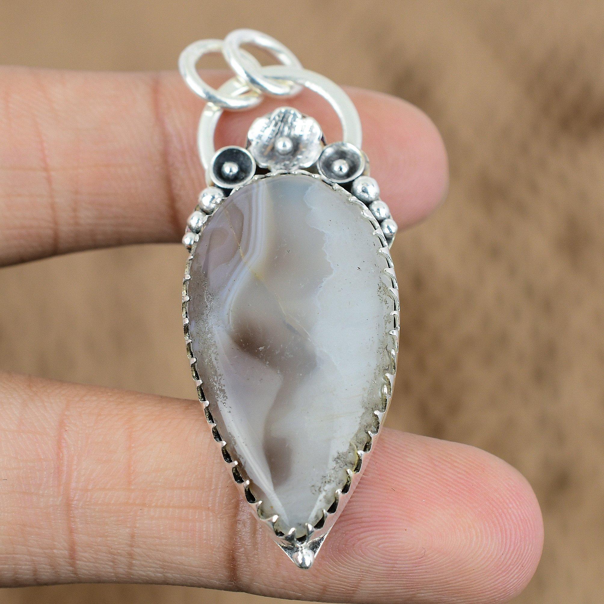 Natural Botswana Agate Gemstone Pendant Flower 925 Sterling Silver Jewelry