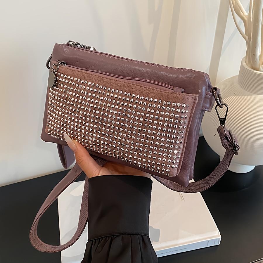 Rhinestone-Studded Shoulder Bags for Women Zip Closure Trendy Small Square Ladies Clutch Bag Small Crossbody Bags for Women