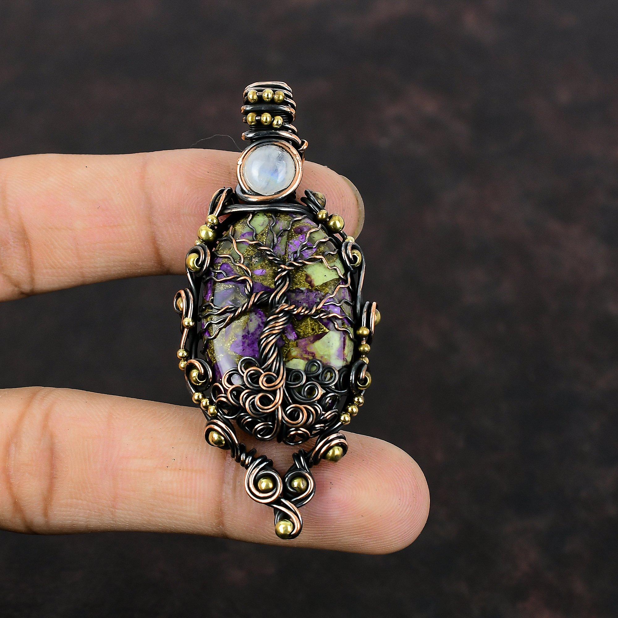 Tree Of Life Copper Purpurite Pendant Copper Wire Wrapped Rainbow Moonstone Pendant Handmade Jewelry Gemstone Pendant Copper Jewelry For Mom